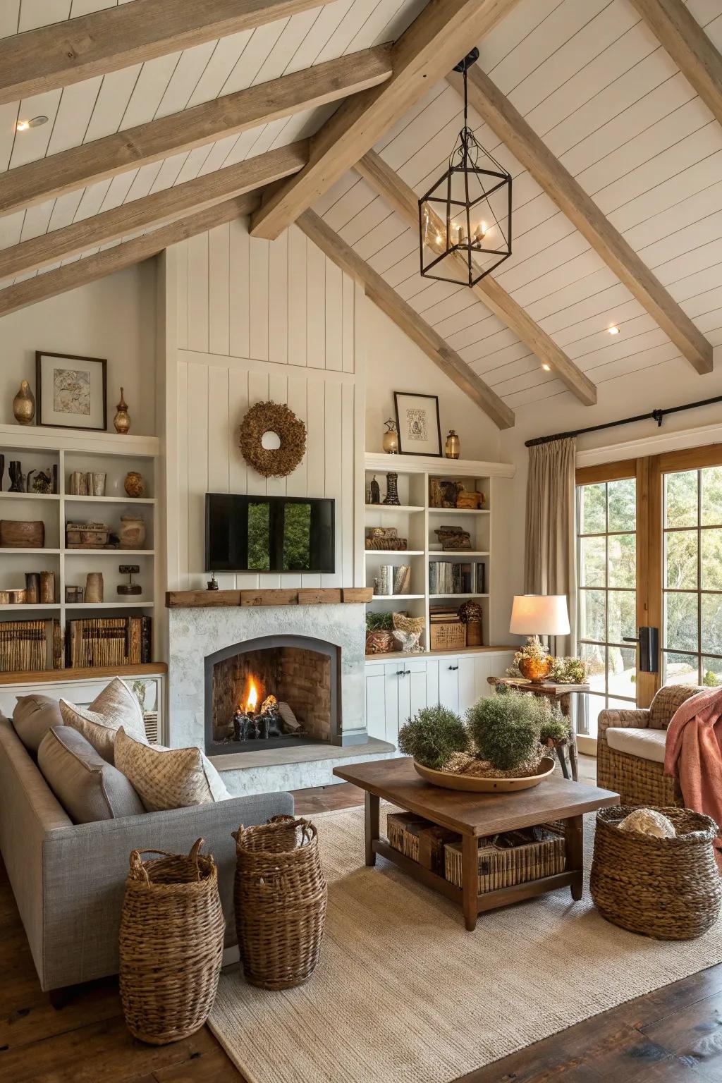 Built-in shelving bordering a fireplace in a farmhouse living space.