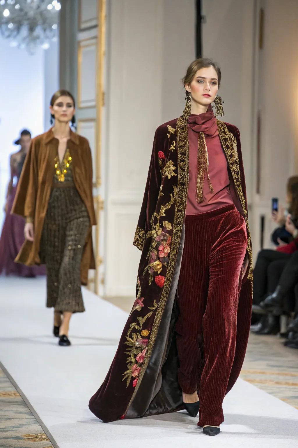 Rich textiles like velvet and silk enhance the runway's elegance.