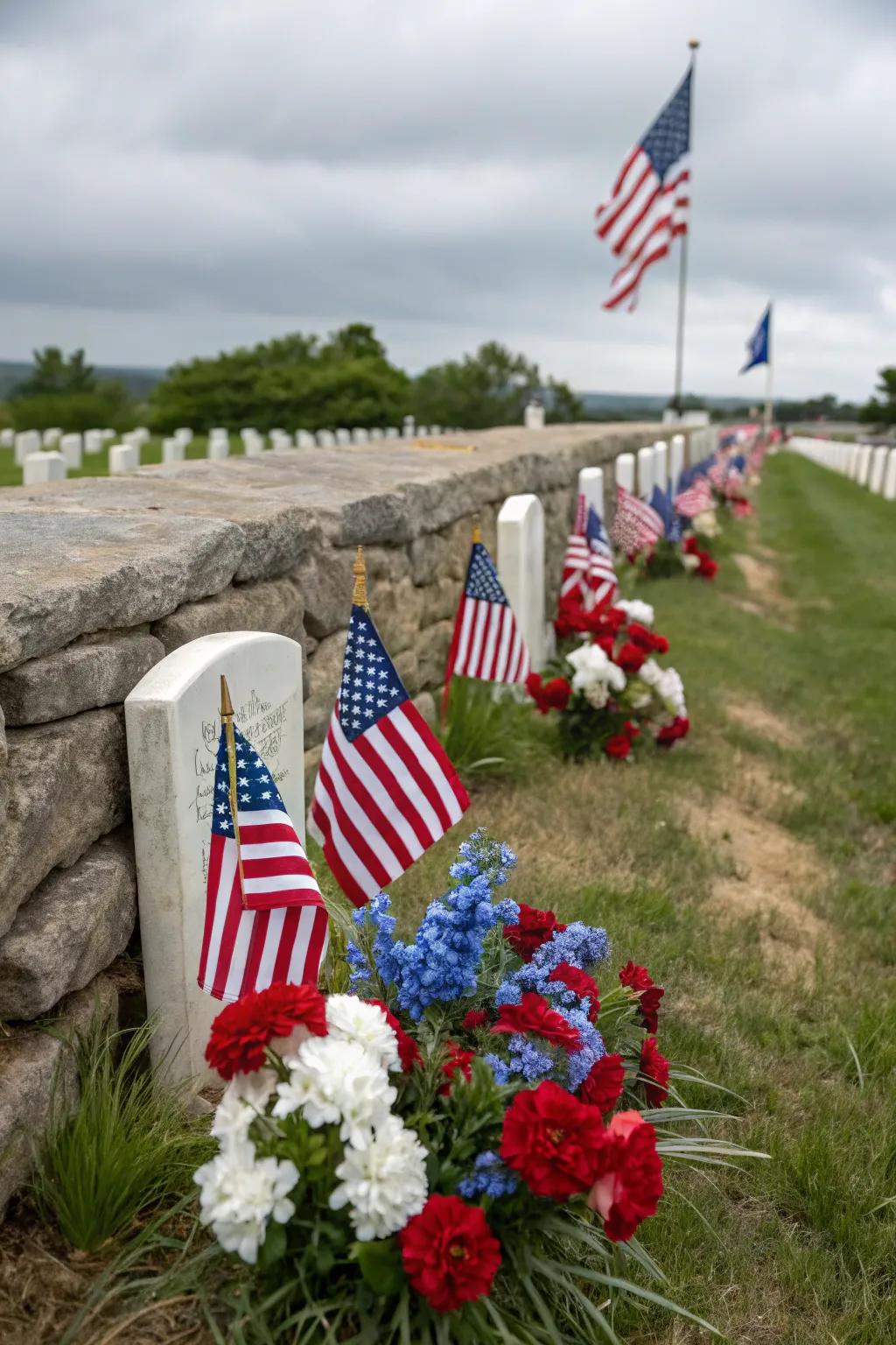 A patriotic tribute with flags and themed floral arrangements.