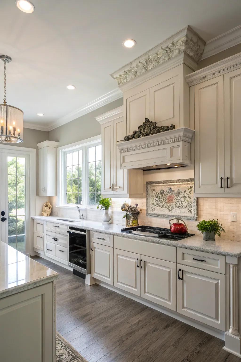 Bespoke-looking cabinets using simulated crown accents.