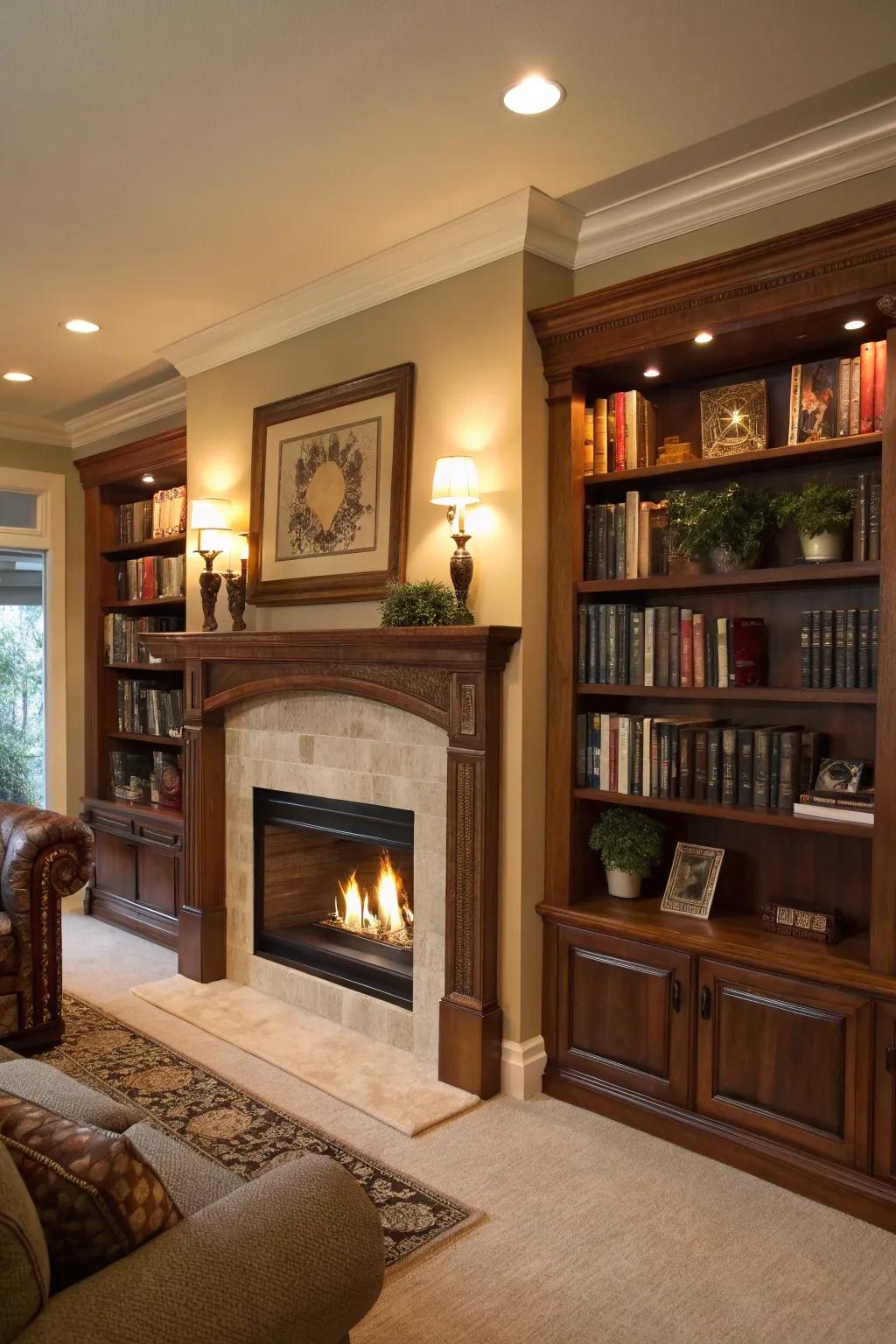 A show fireplace that is smartly put with shelves.
