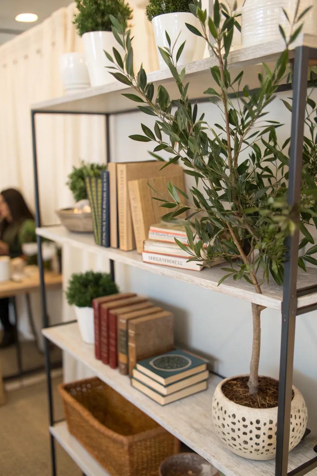 Employ faux olive branches to accentuate your shelves.