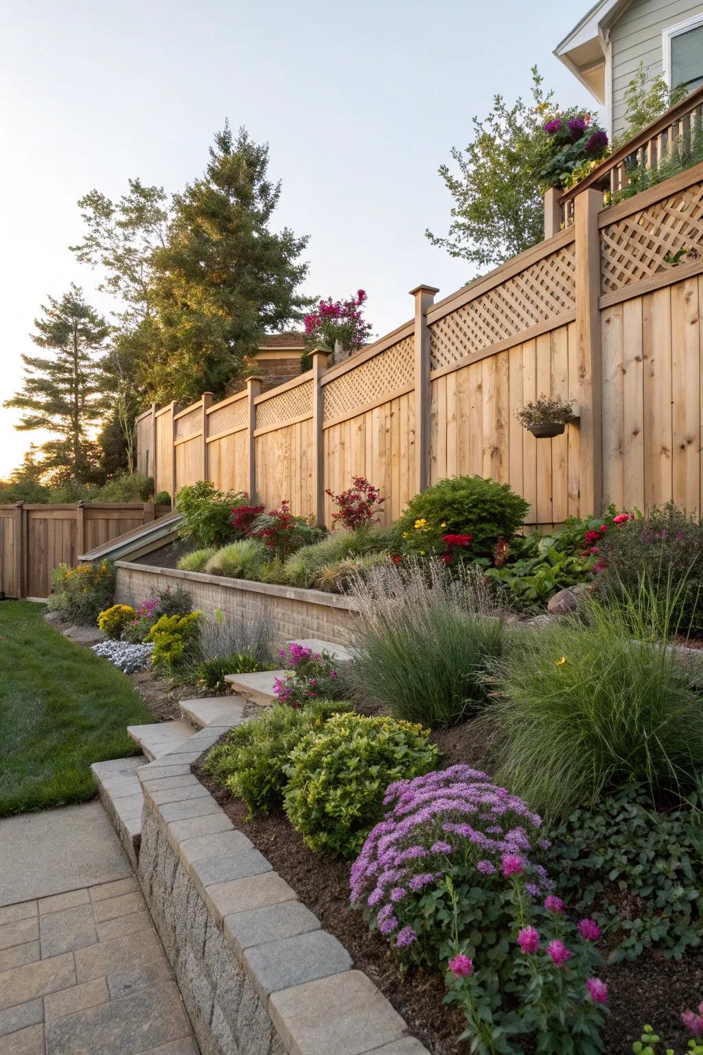 Multi-level planting enriches your fence line with depth and interest.
