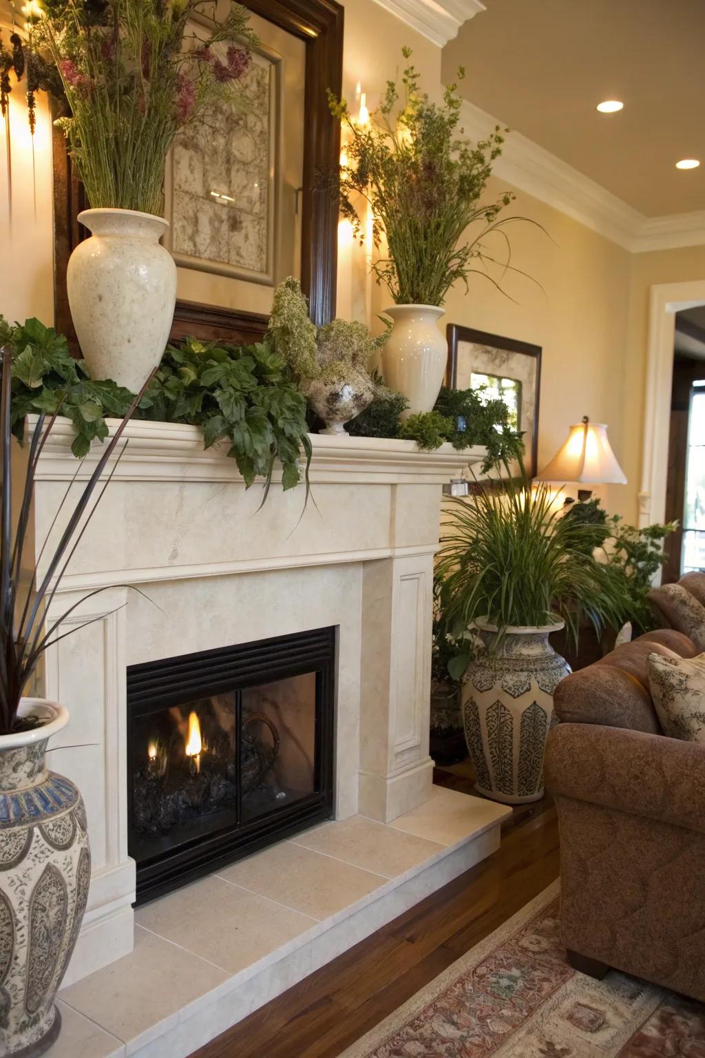 A fireplace mantle beautifully embellished with vases and plant life.