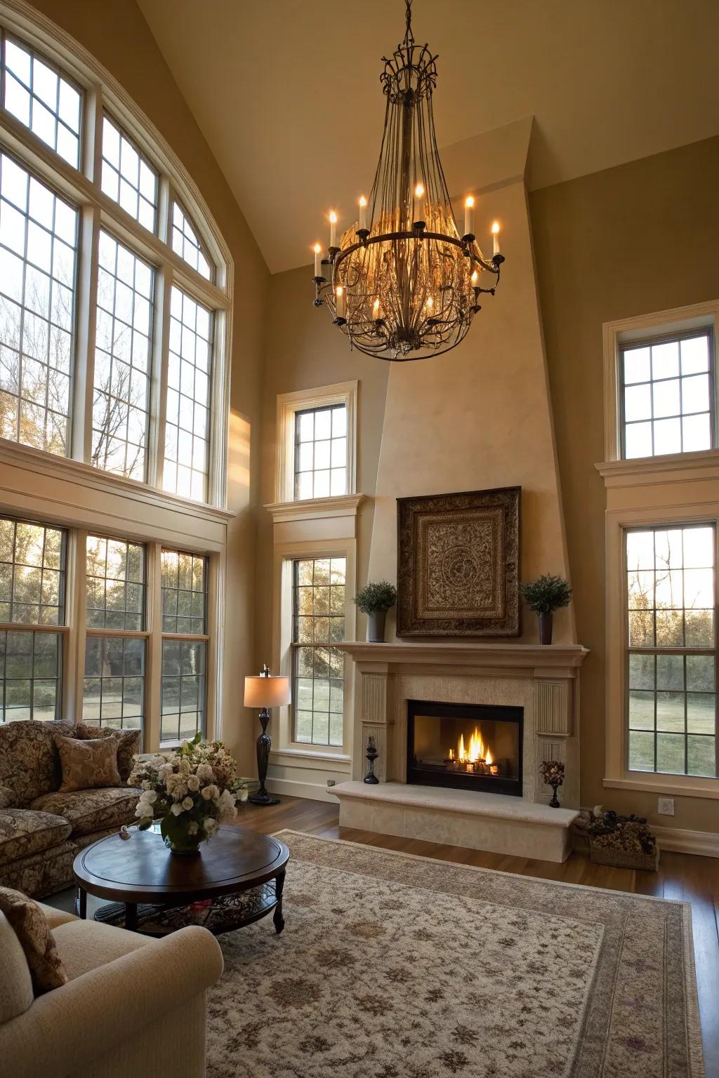 A refined chandelier includes a dash of luxury to this fireplace-centered room.
