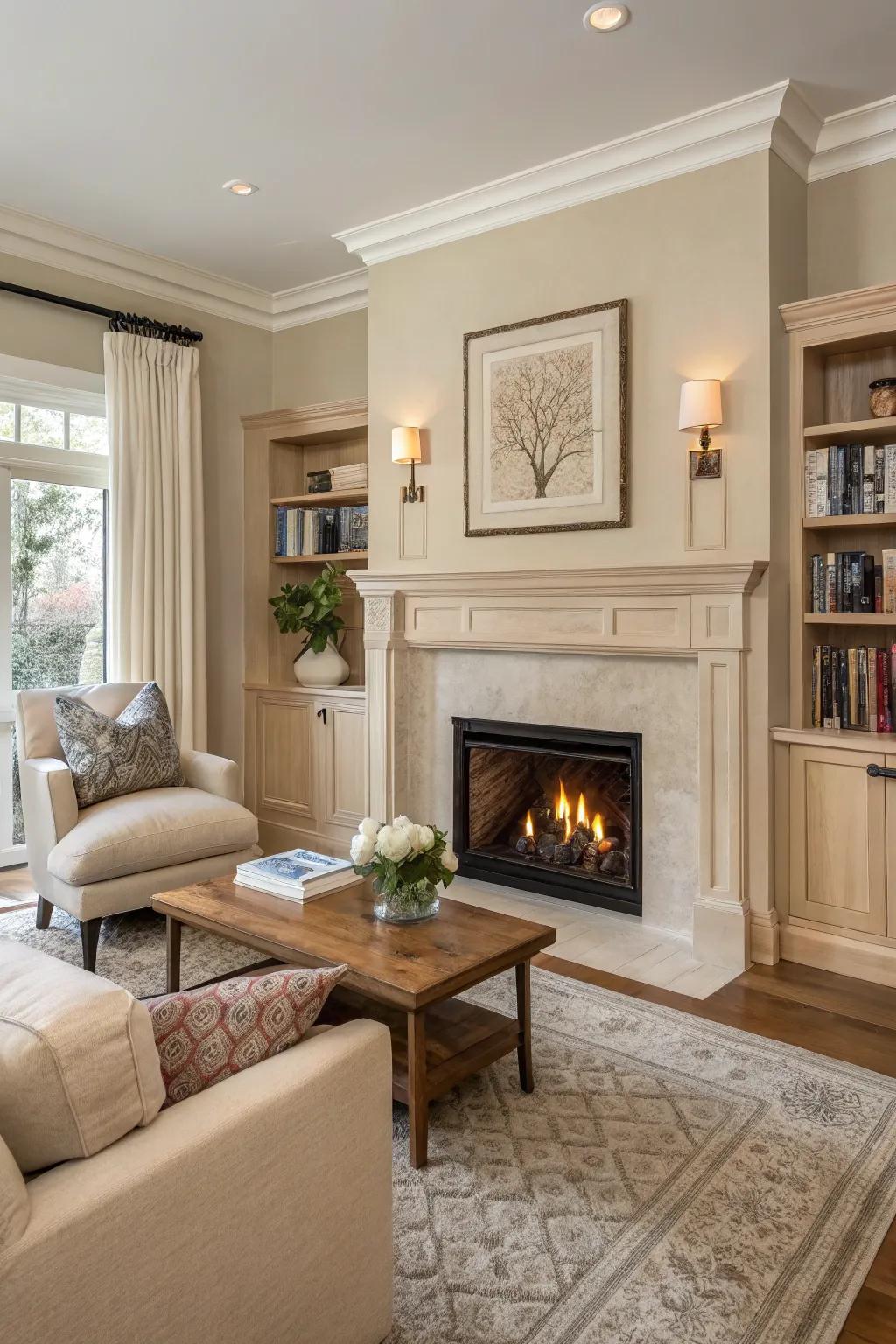 Neutral tones offer a calming backdrop for the fireplace.