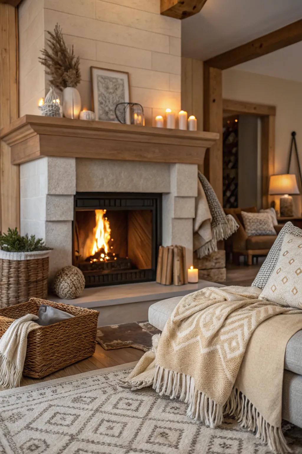Muted and saturated tones create a snug and inviting fireplace environment.