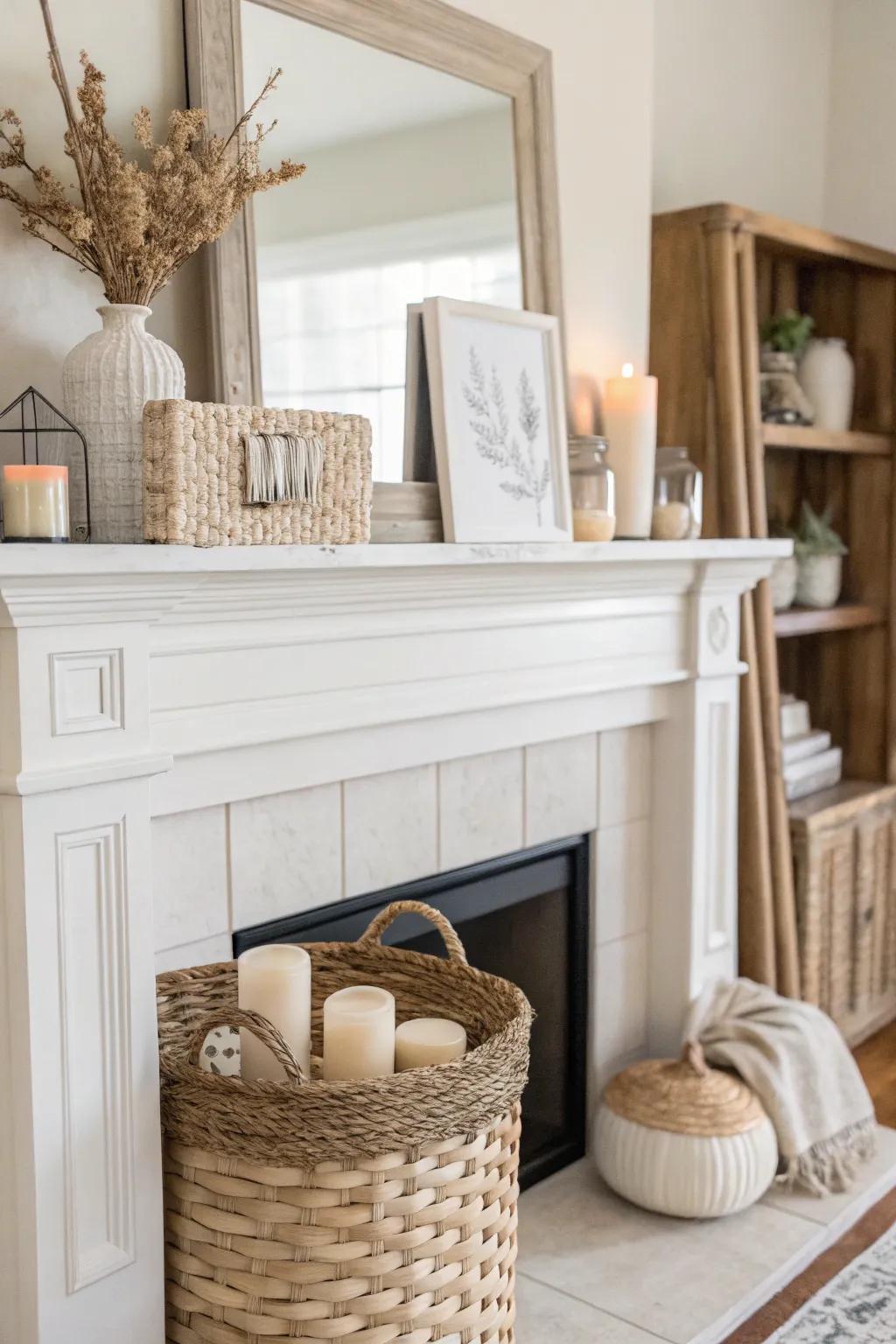 Subdued hues producing an elegant and serene mantel exhibit