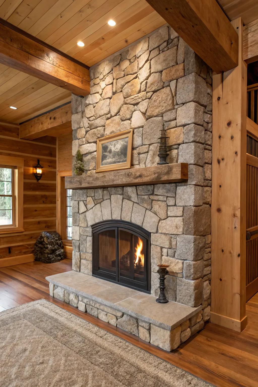 Organic stone and timber create a harmonious mix in this fireplace design.