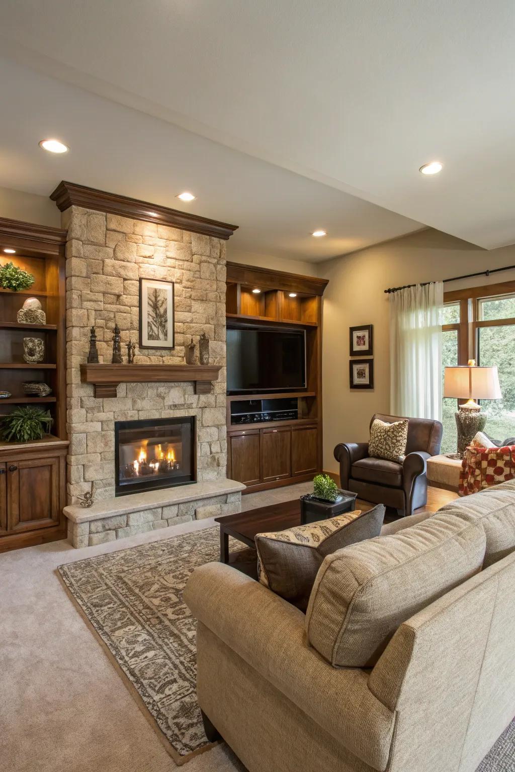 An open and cozy living room with a fireplace wall and TV.