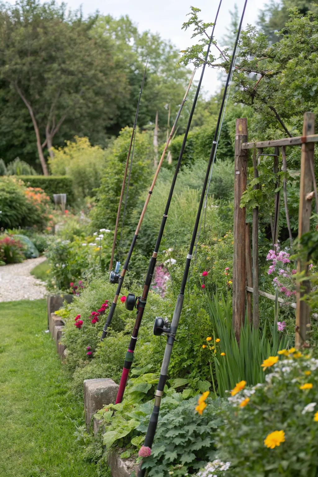 Angling poles enhance character and give support within outdoor settings.