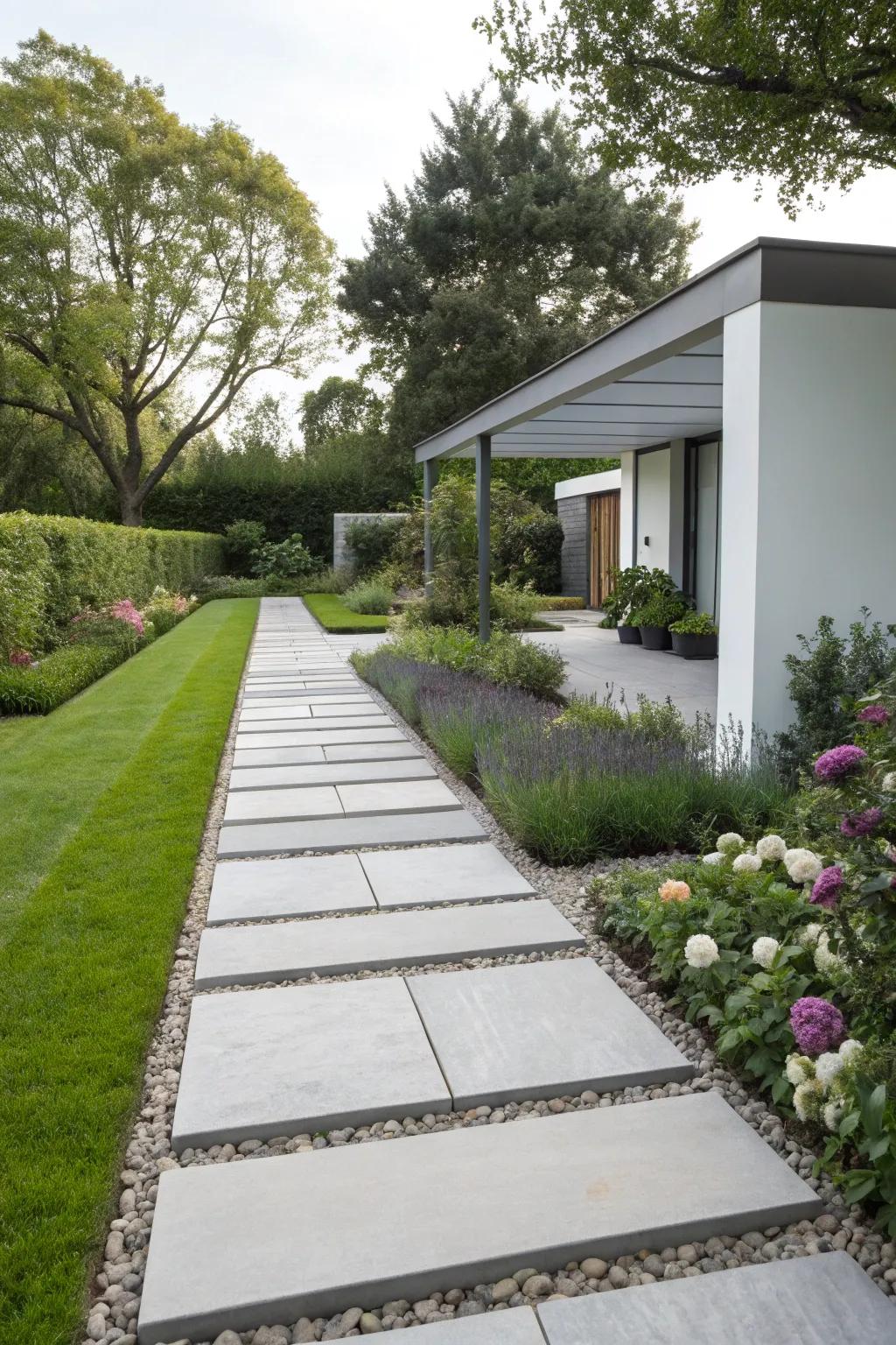A modern paving stone pathway with sleek lines and minimalist appeal.