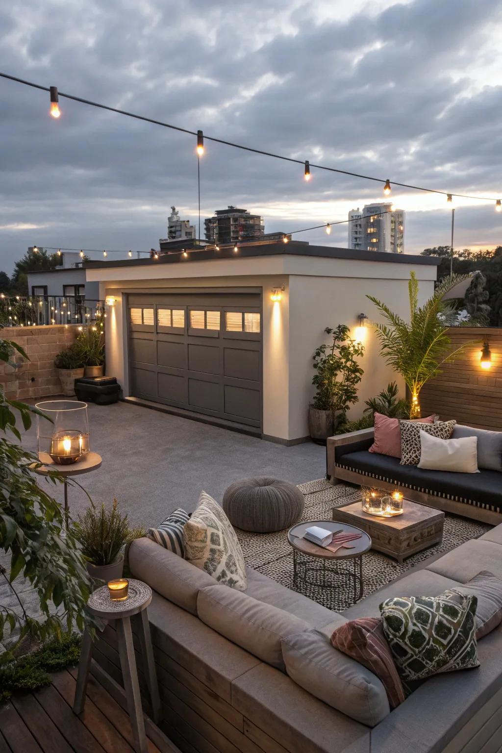 A sky veranda on a flat roof garage fashions a breathtaking area for relaxation.