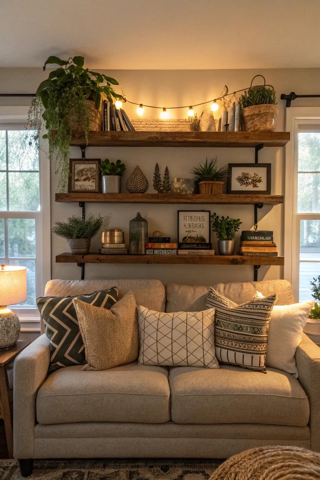 Layered decor adds visual interest and depth to your shelf.