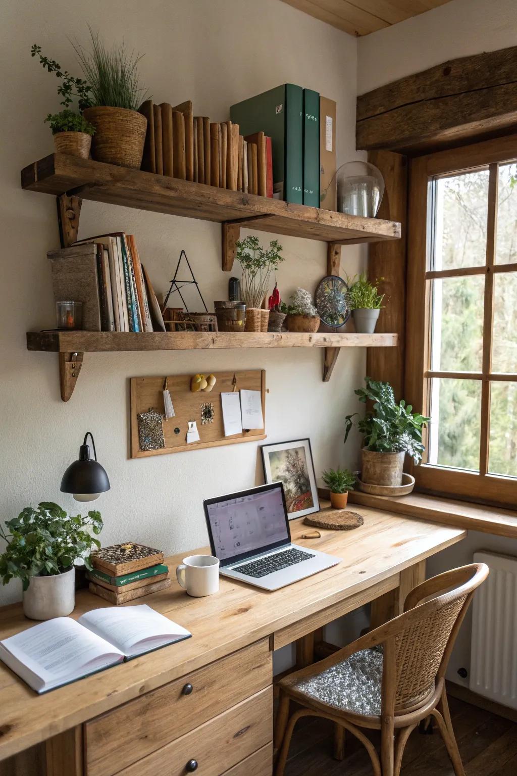 Wooden floating shelves add a rustic touch to your workspace.