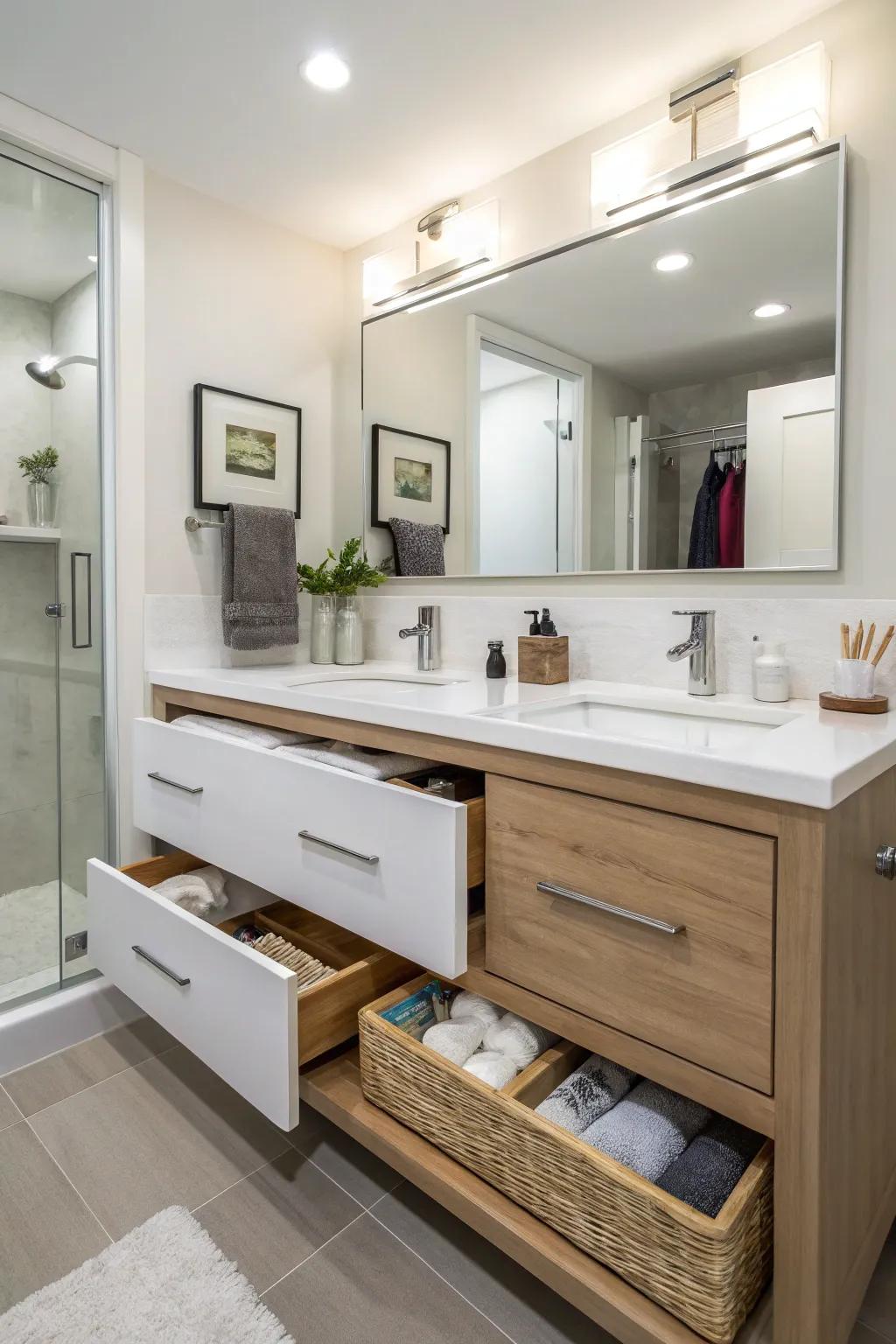 A bathroom showcasing a floating vanity with built-in storage drawers for a neat look.