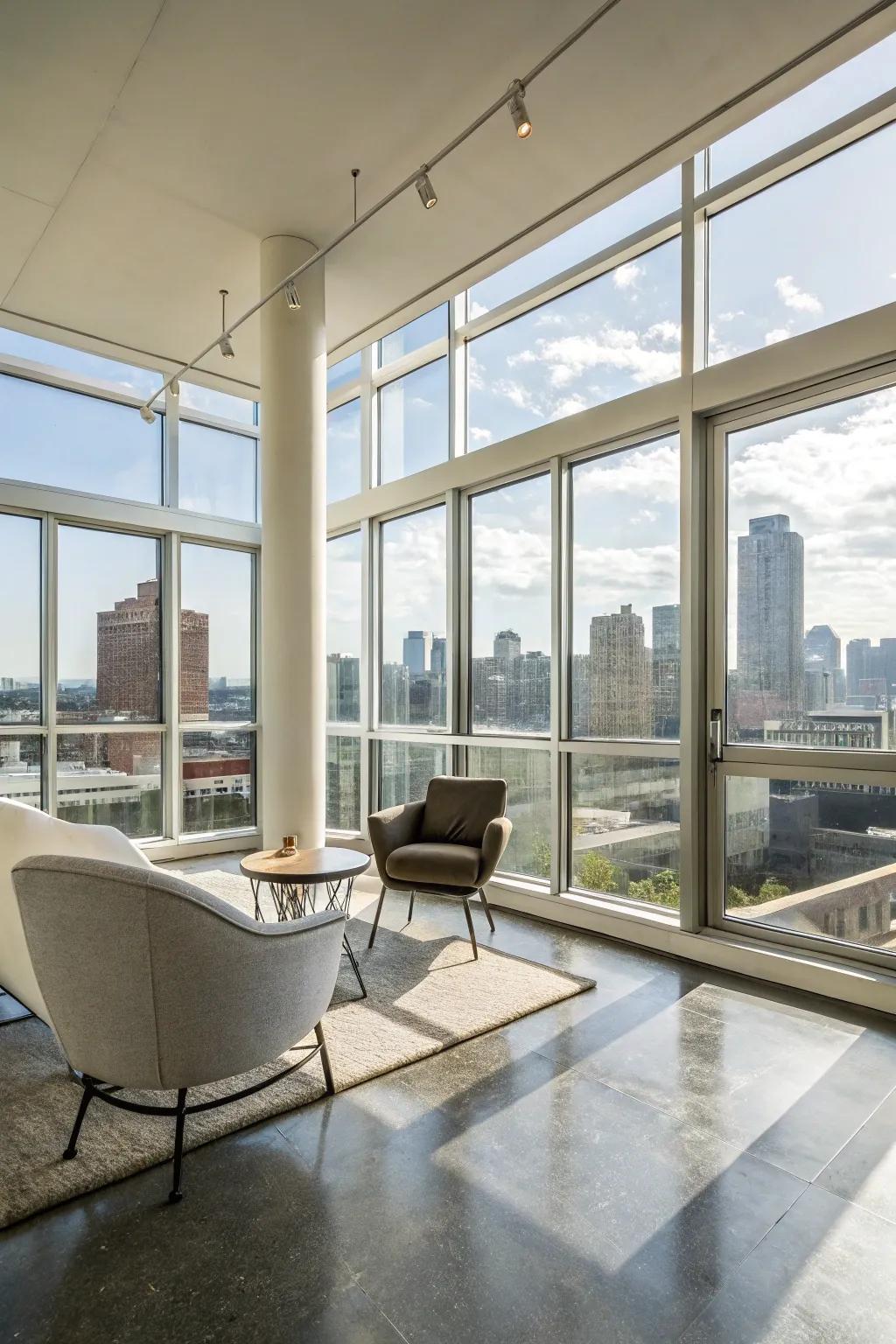 Concrete flooring contributes a modern industrial flair to this stylish space.