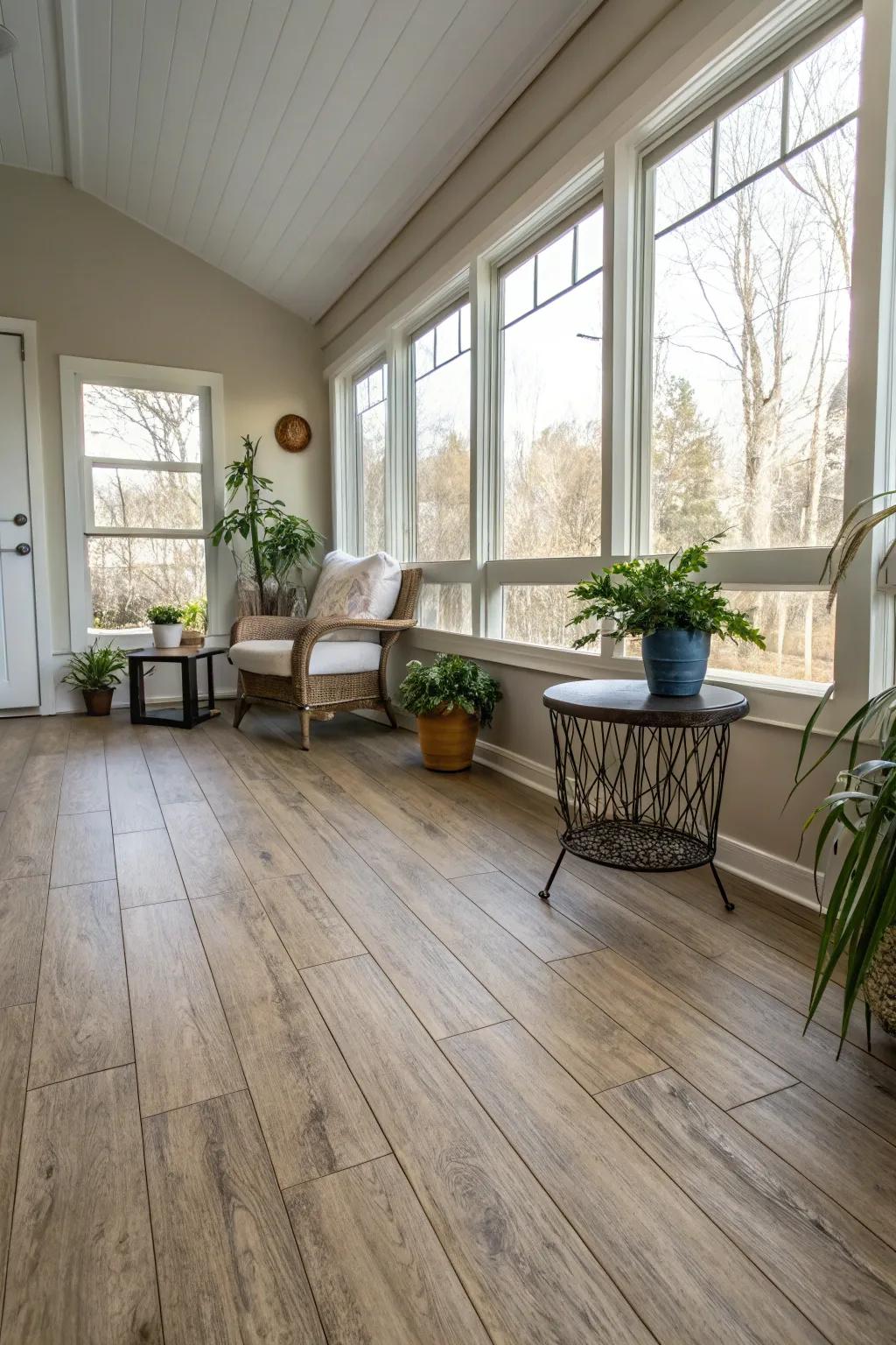 Fashionable sunroom showcasing wood-look laminate flooring.
