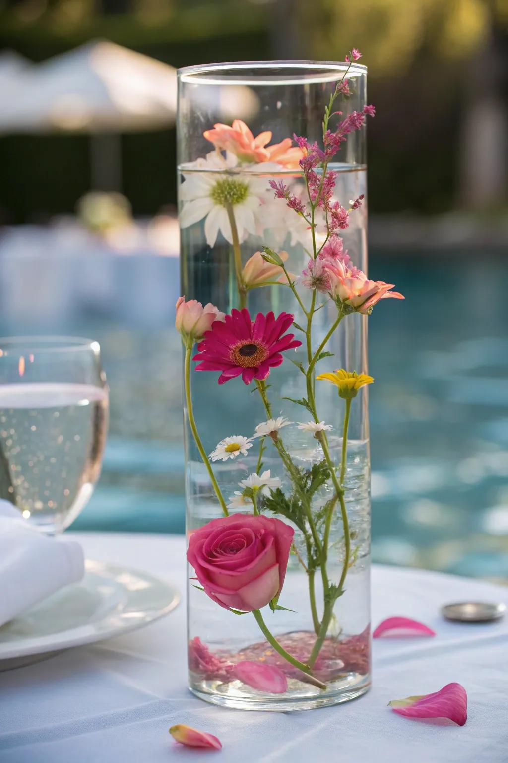 Floating floral centerpiece, creating a captivating visual effect on the table.