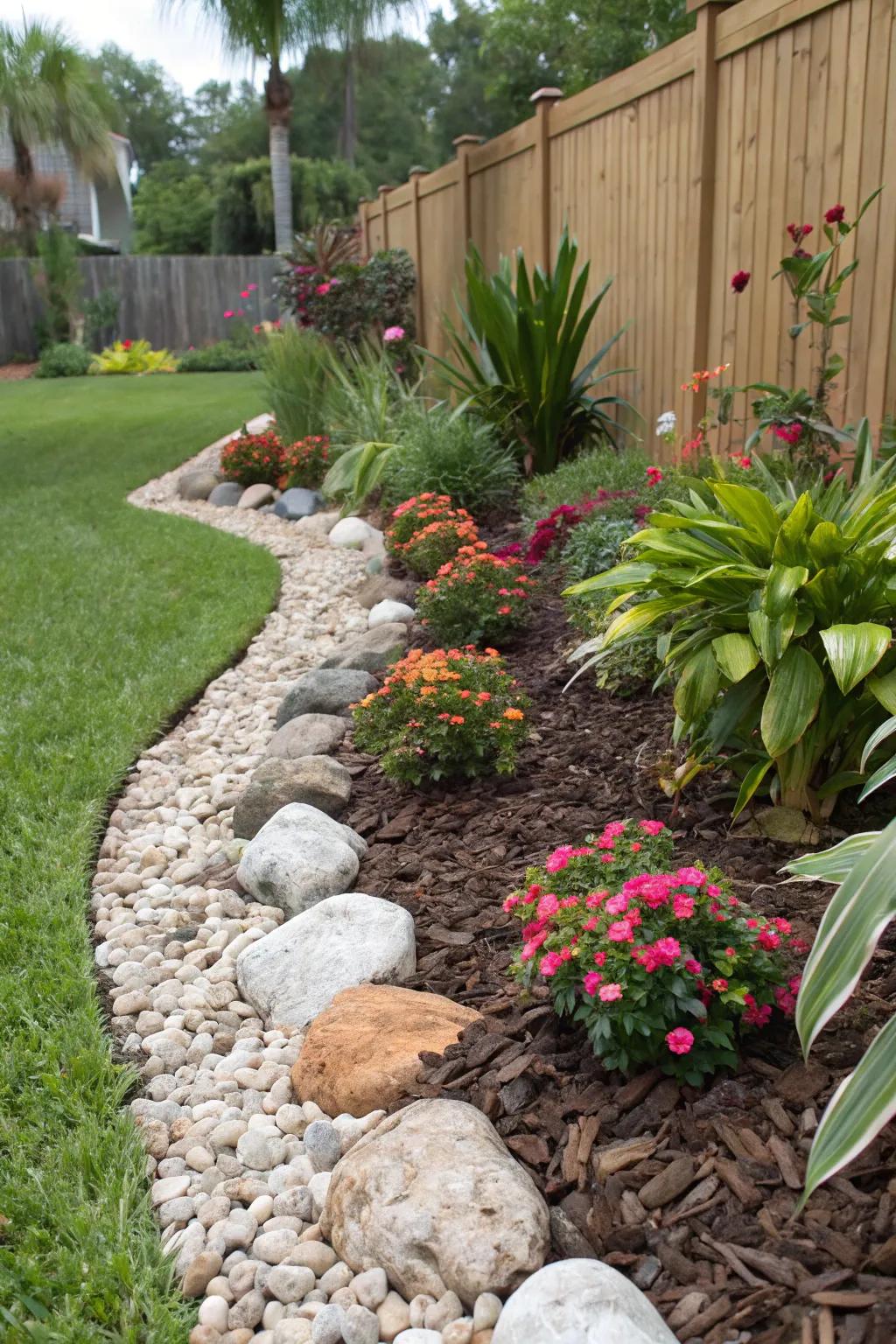 Mulch and rocks improve texture and aid in moisture retention.