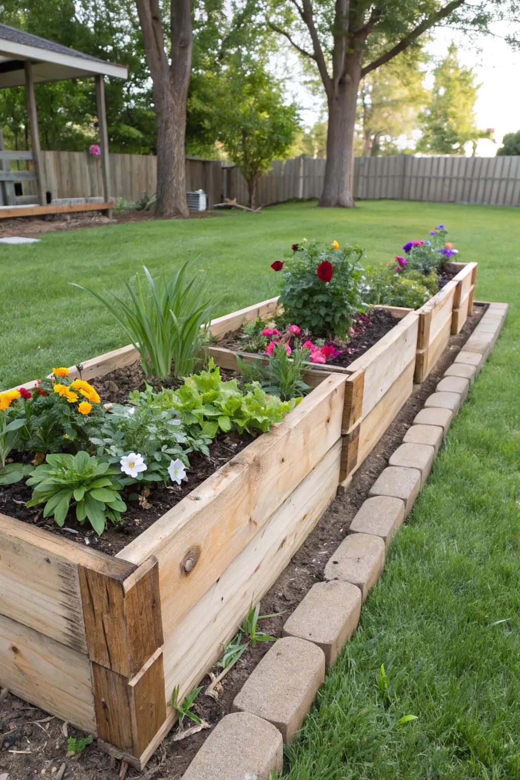 Reclaimed pallet wood fashions inviting and sustainable flower bed borders.