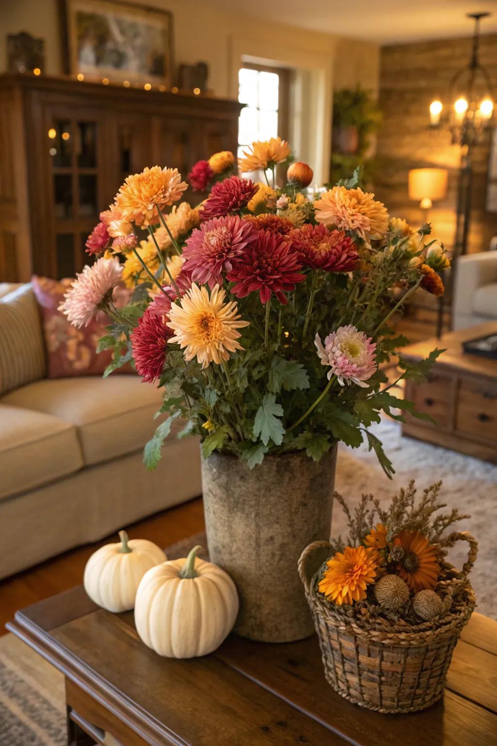 A seasonal arrangement with chrysanthemums bringing autumn vibes indoors.
