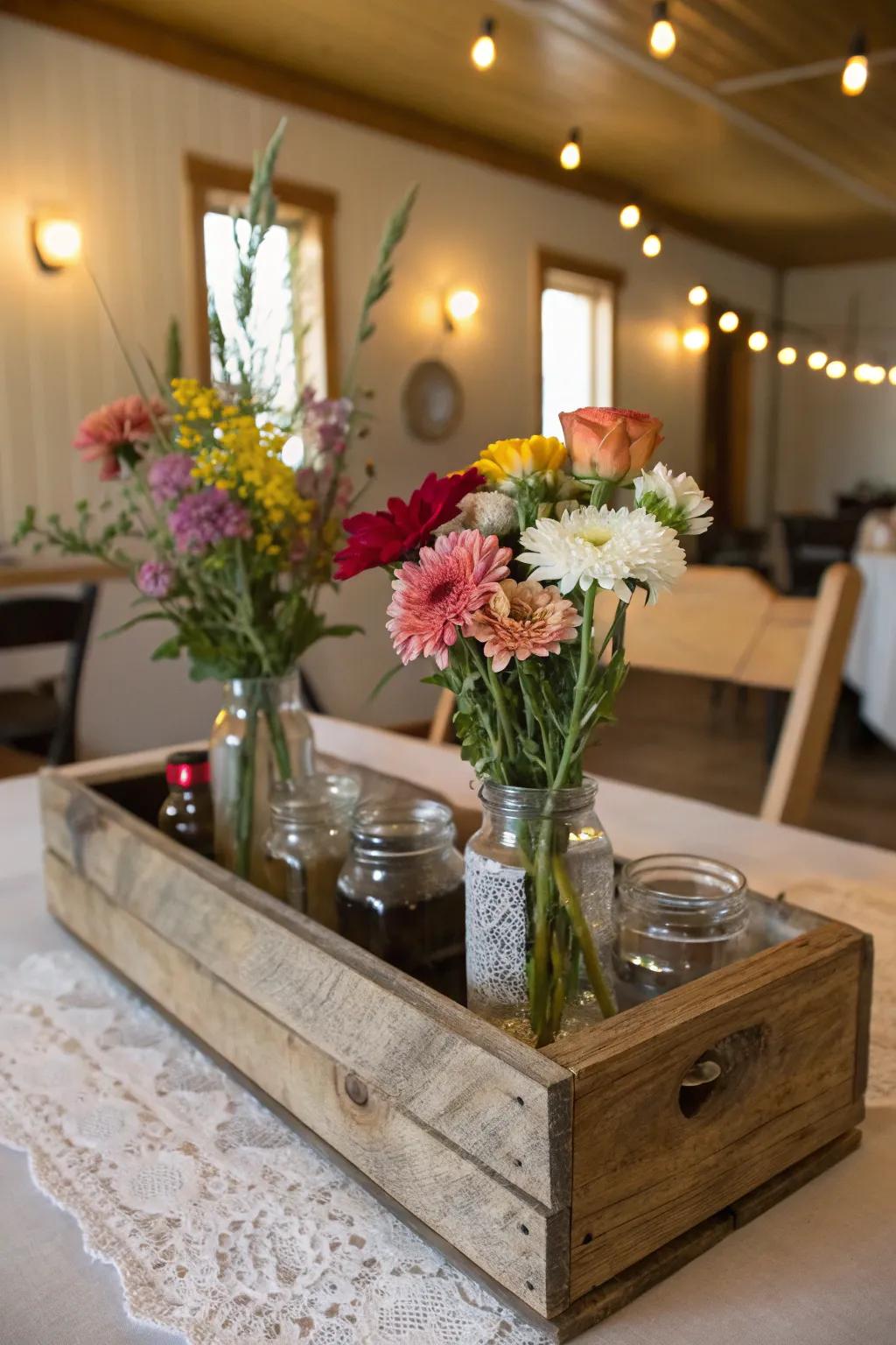 Create a pleasant floral exhibit using a country-style timber crate and petite containers.