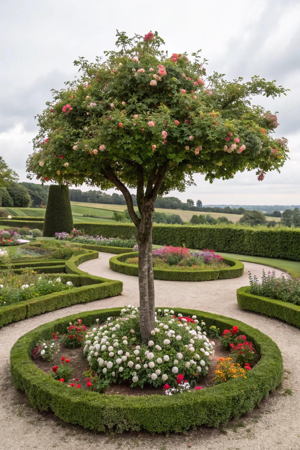A circular flower bed accentuates the inherent grace of this tree.