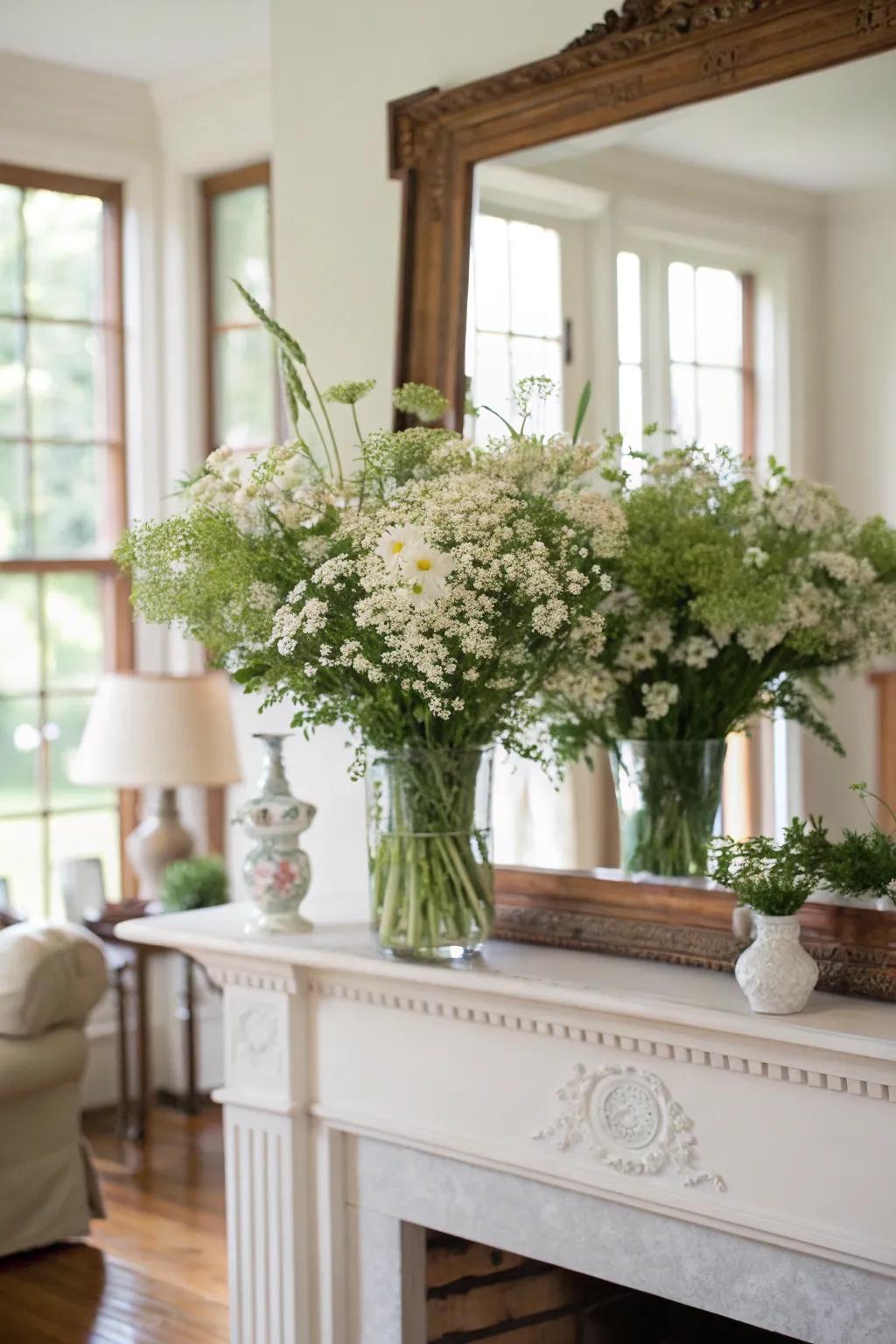A medley of alabaster wildflowers establishing a natural appearance atop a mantlepiece.