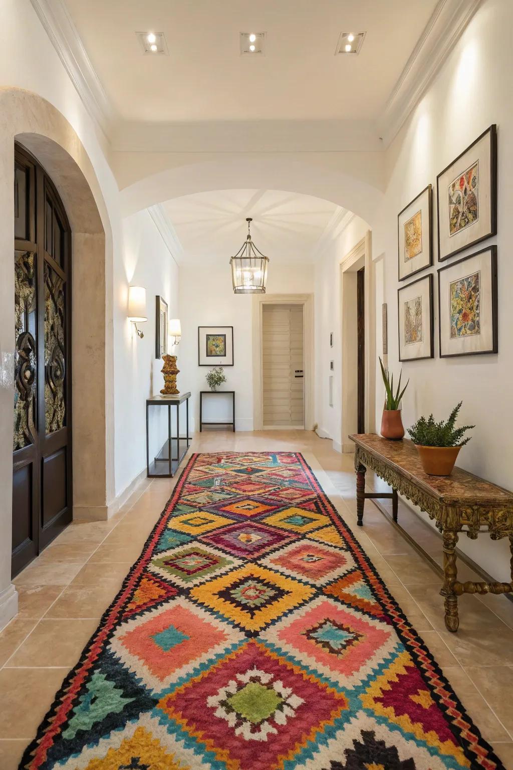 A vibrant rug infuses the foyer with personality and warmth.