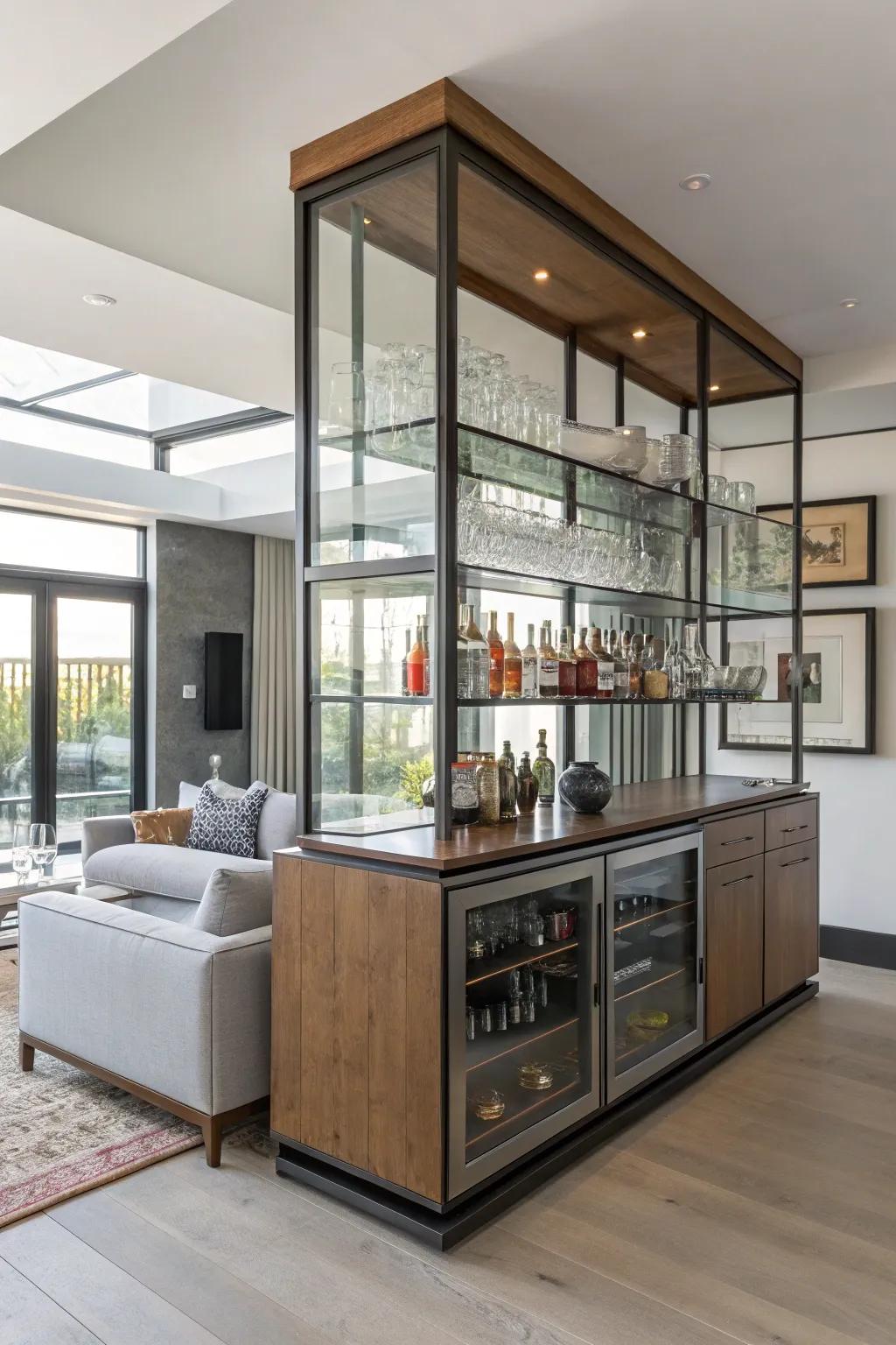 A bar with sufficient shelving for the best organization and style.