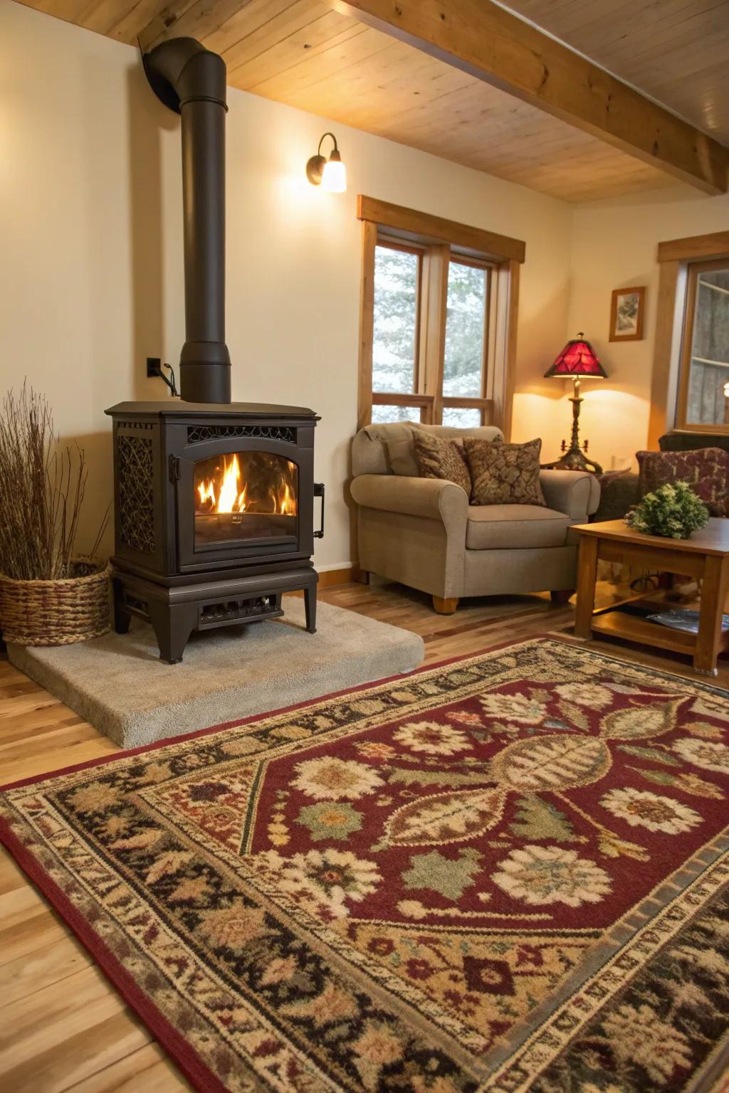 A hearthside rug gives the heater area warmth and flair.