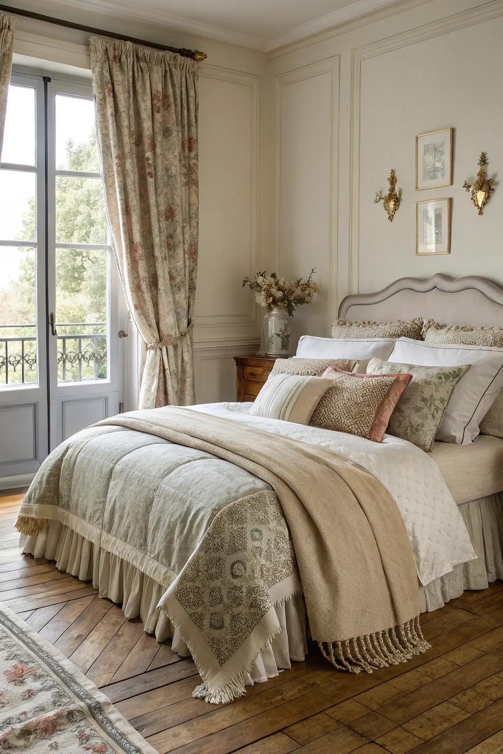 Layered textiles provide comfort and depth to this French bedroom.
