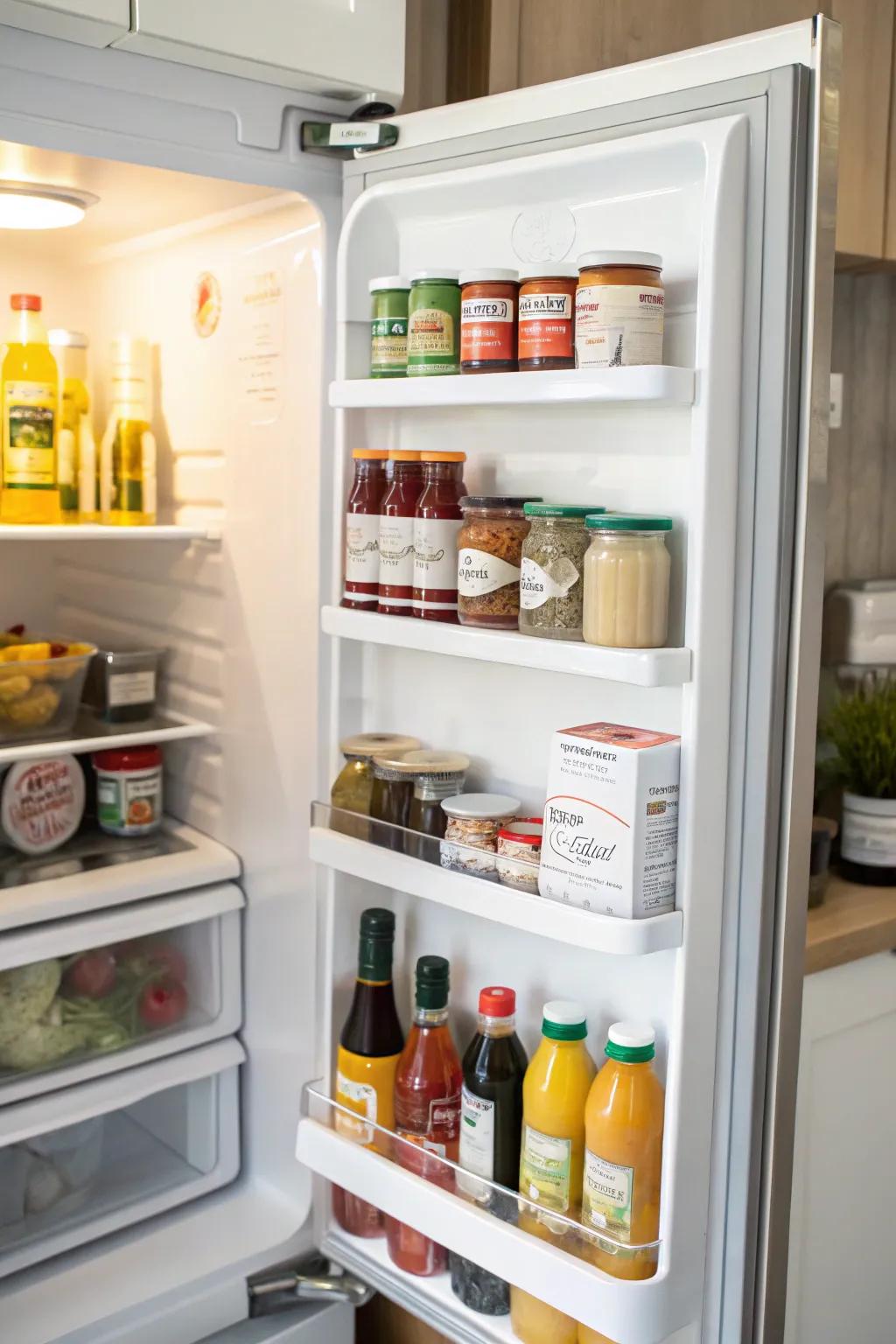 Efficient use of refrigerator door space for sauces.