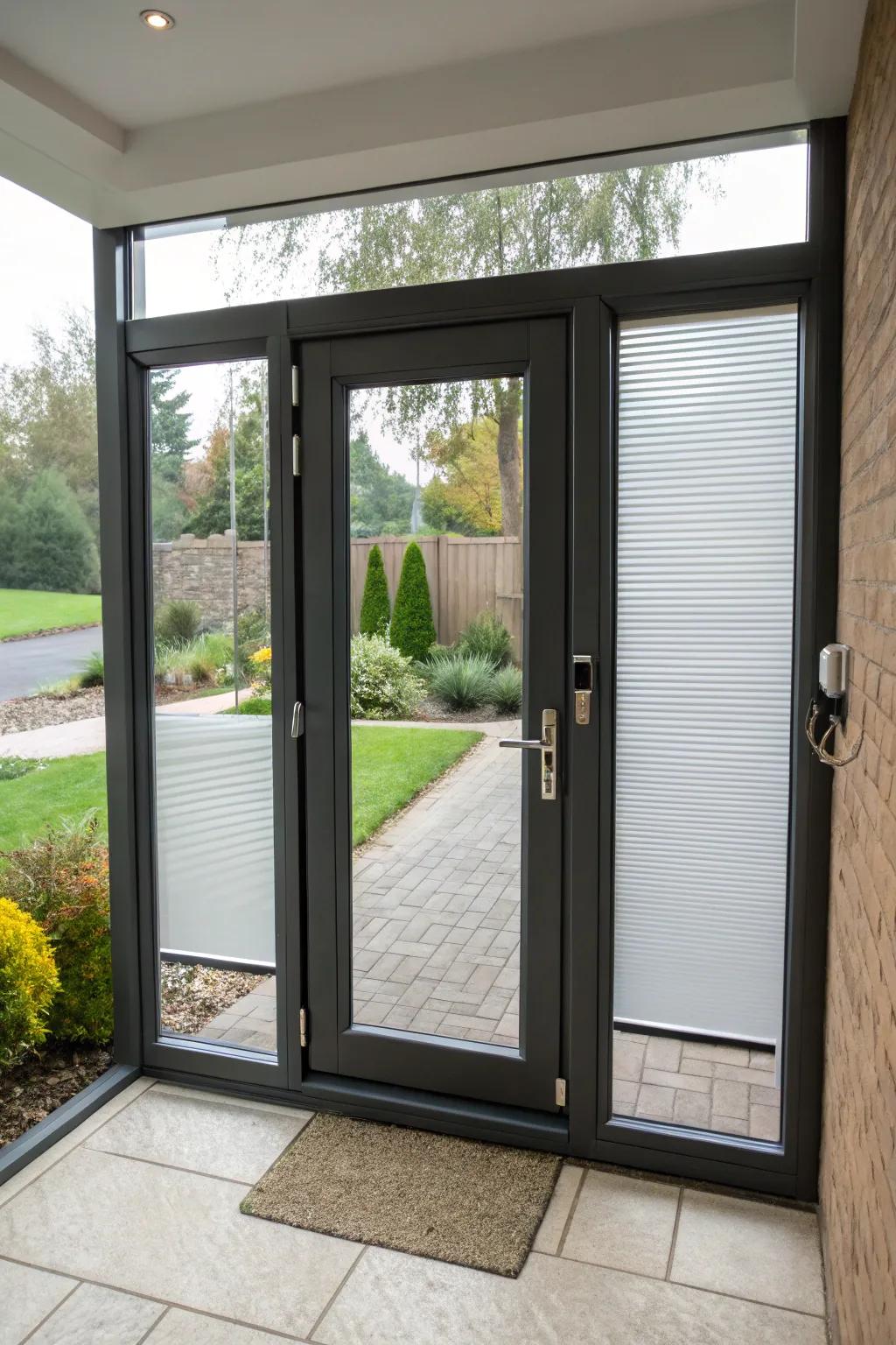 A replacement front door designed for improved privacy and aesthetics.