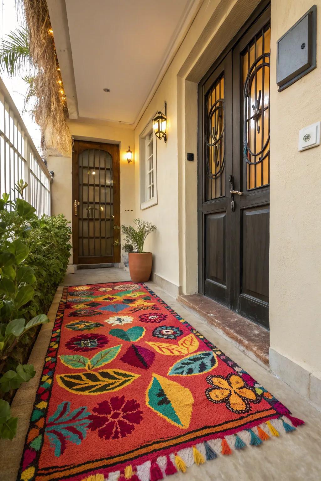 A vibrant rug has the immediate power to brighten the exterior of a home.