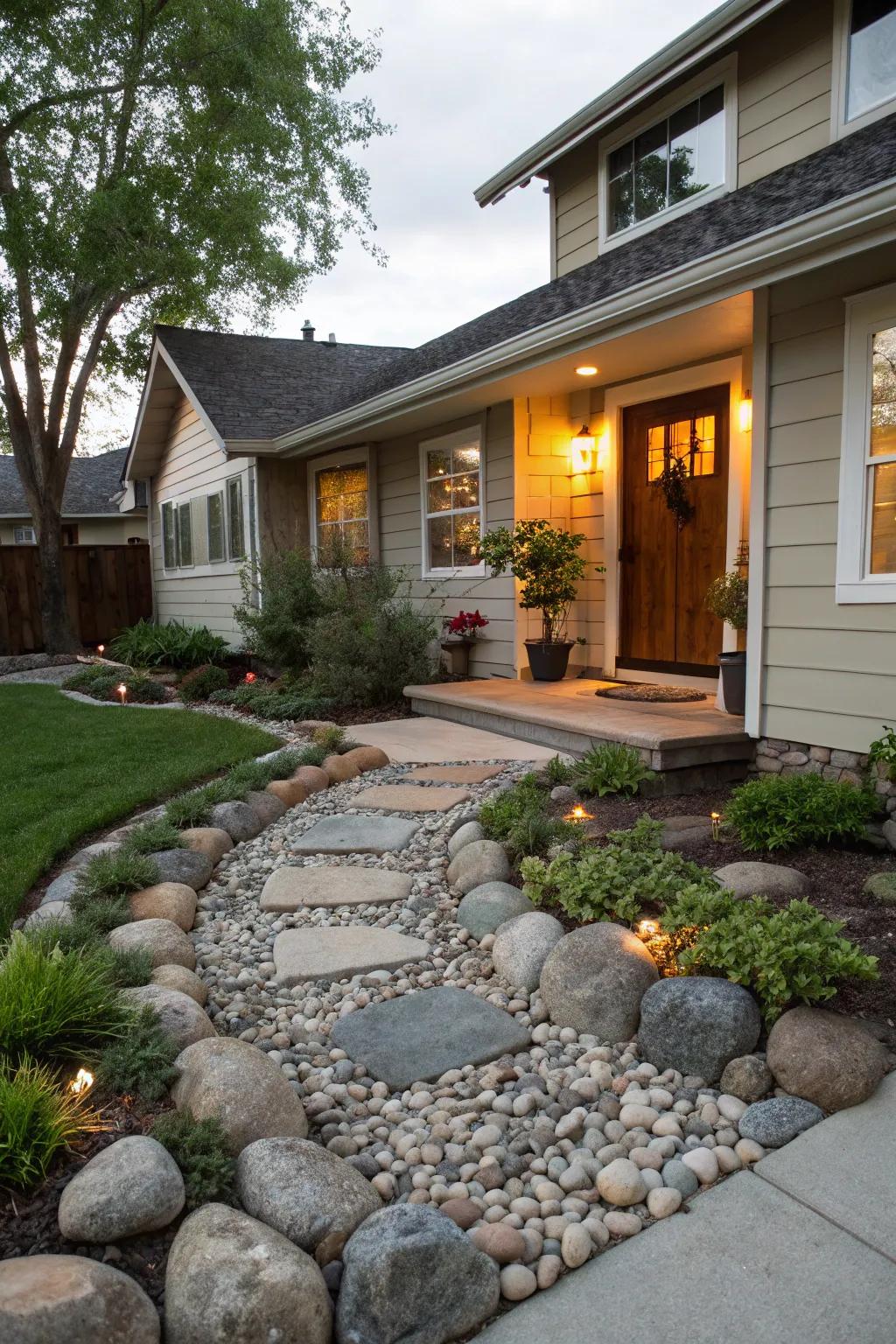 Your home makes a stronger first impression thanks to river stones.