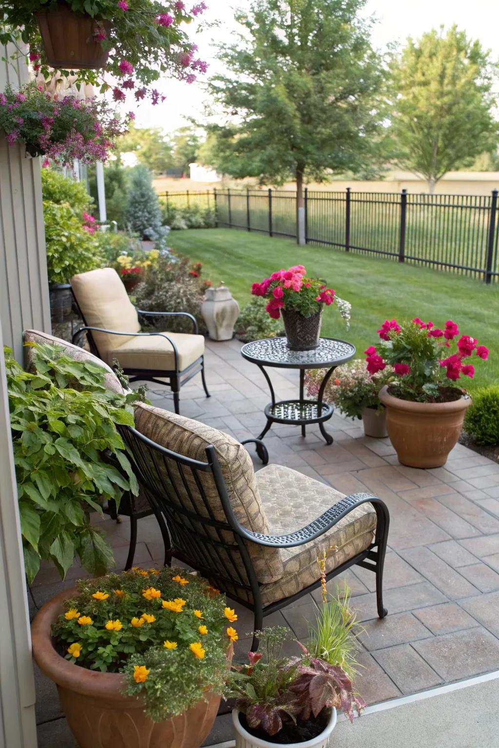 Potted vegetation fill the patio with natural beauty and serenity.