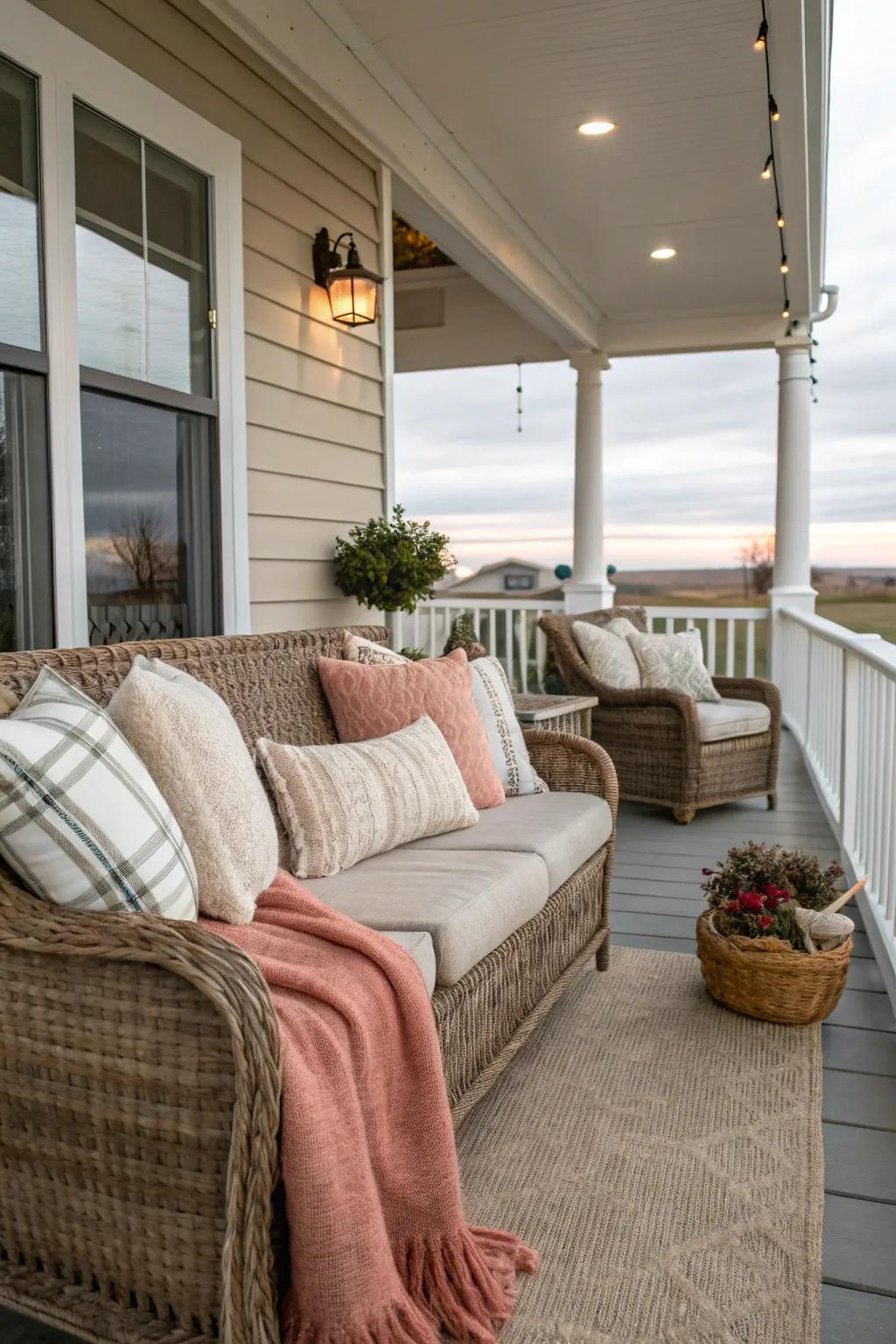 Comfortable textiles transform your porch into a perfect winter sanctuary.