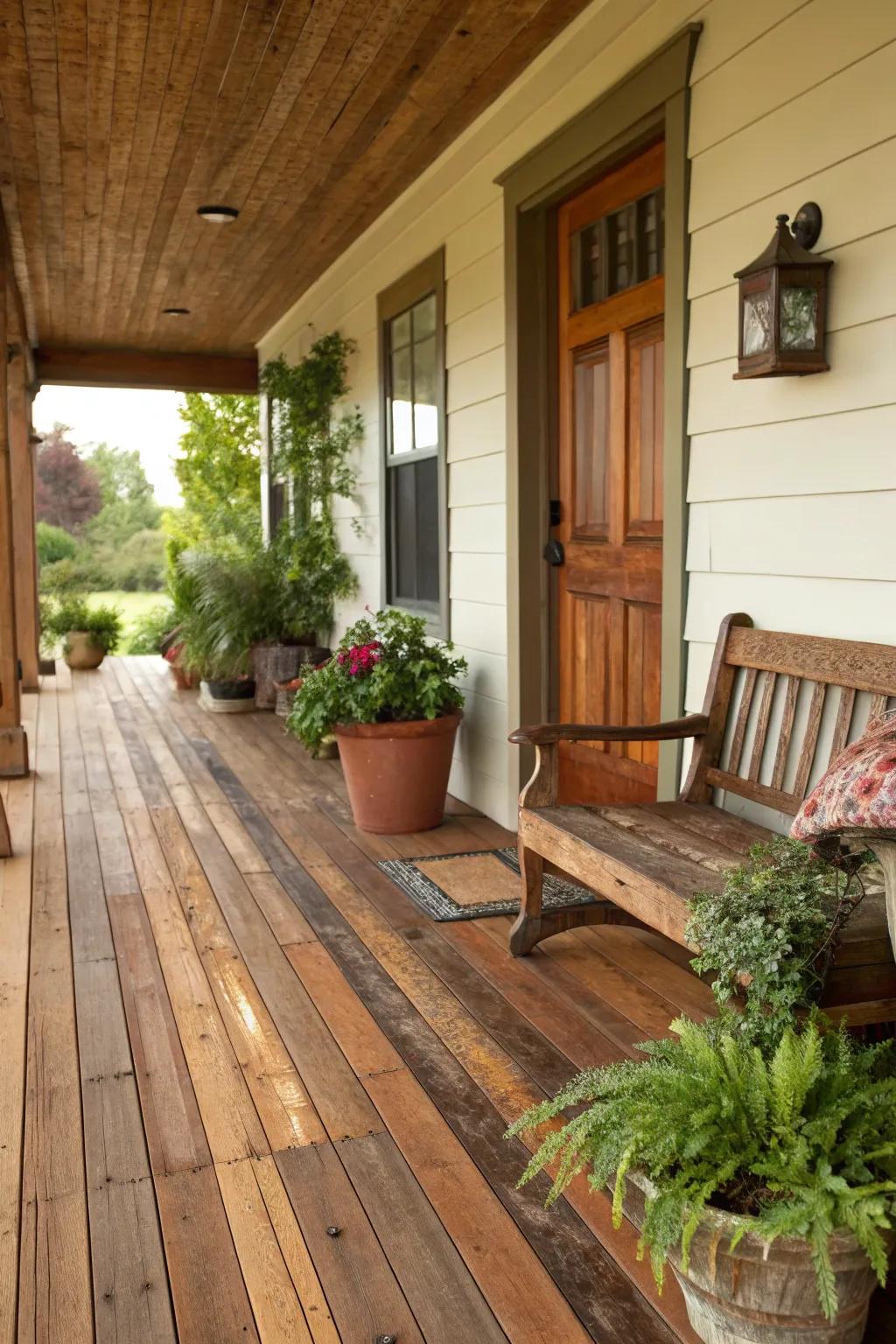 Cedarwood flooring constitutes a robust, rustic choice for porches.