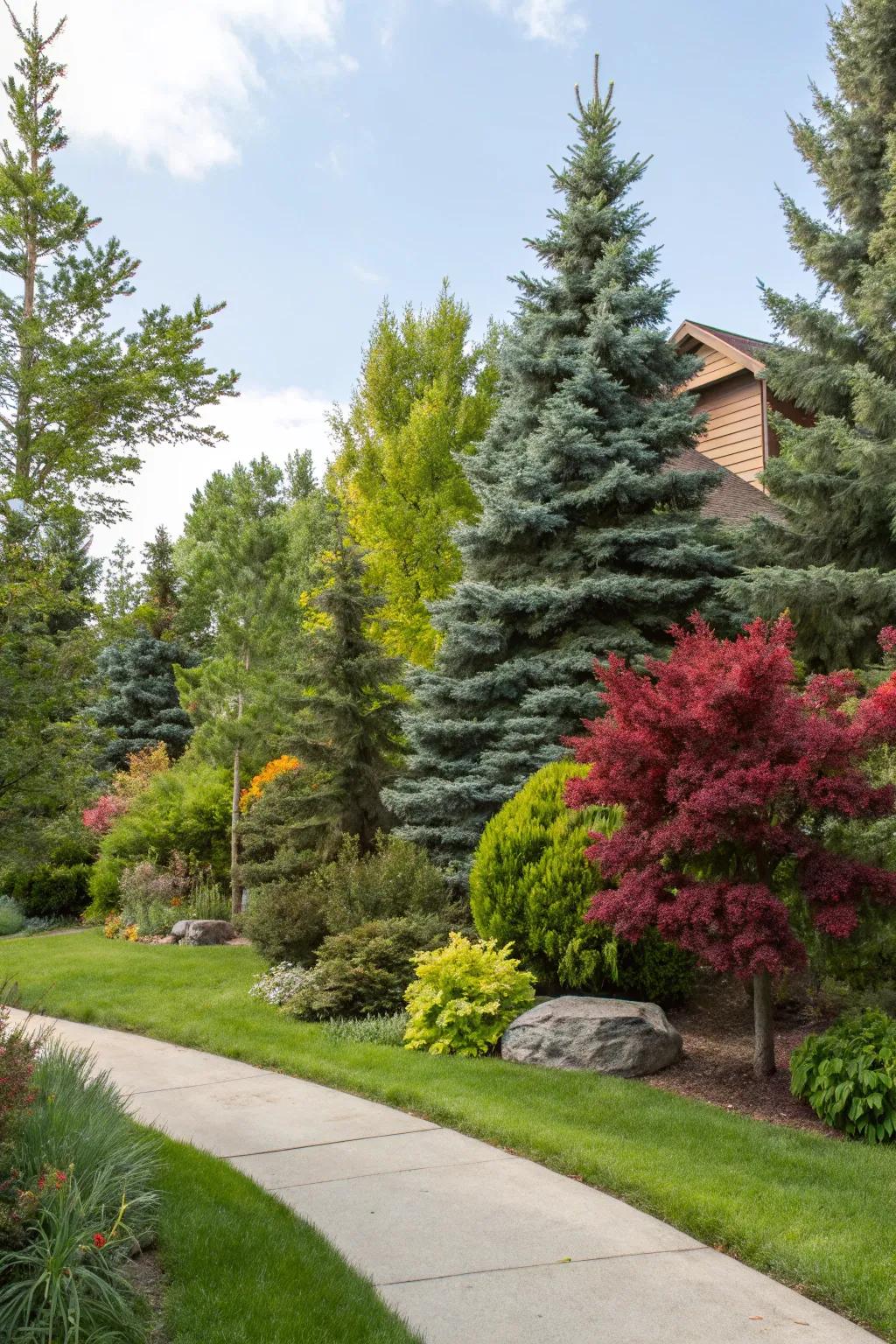 Colorful foliage enlivens this evergreen landscape.