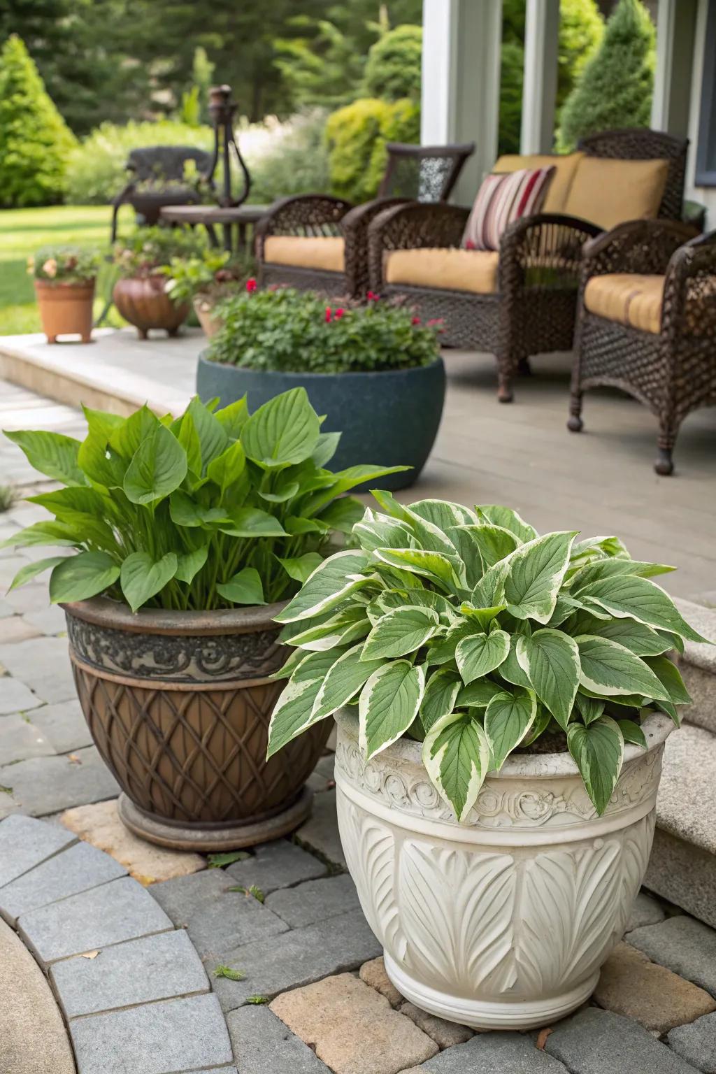 Pot planting grants versatility and provides eye-catching focal points.