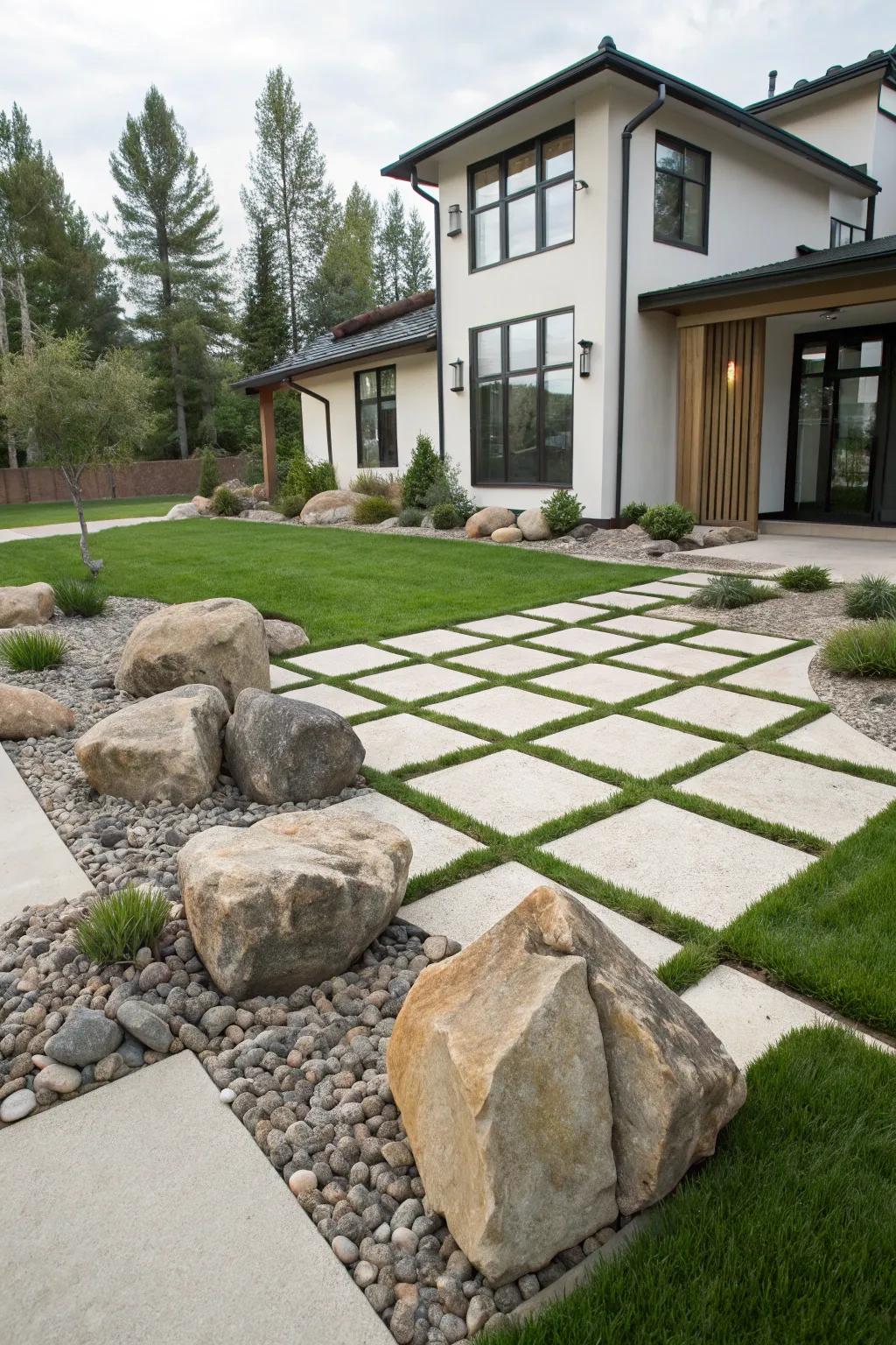 Achieve a modern expression through geometric placements of massive stones.
