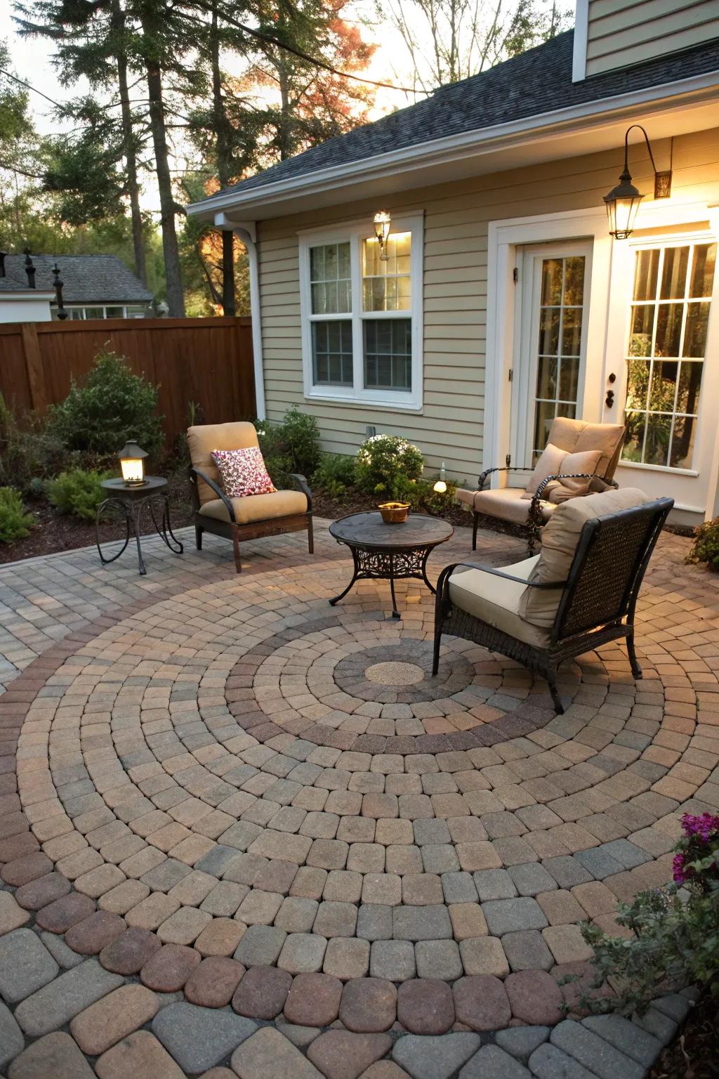 Circular paver designs create a natural gathering spot.