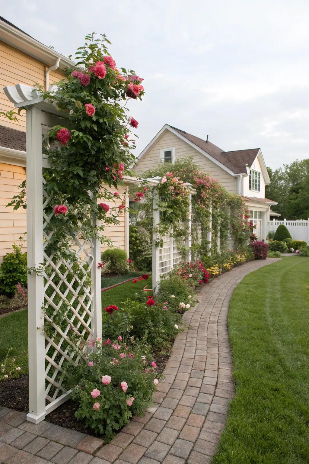 Supports with climbing plants bring vertical interest and privacy.