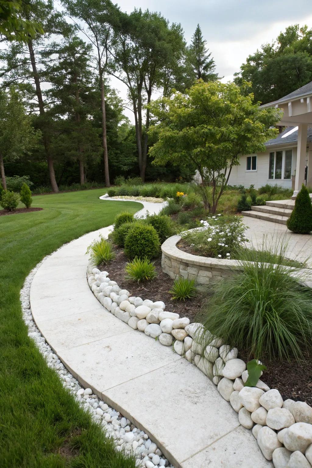 Winding forms in rock landscaping result in an organic and appealing flow.