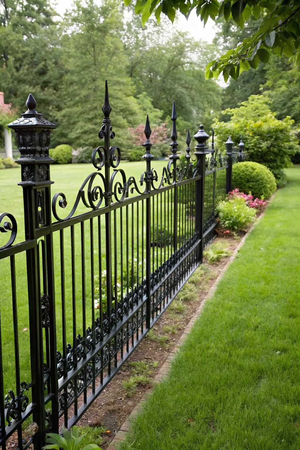 A striking black decorative metal barrier providing a dramatic contrast in a lush yard.