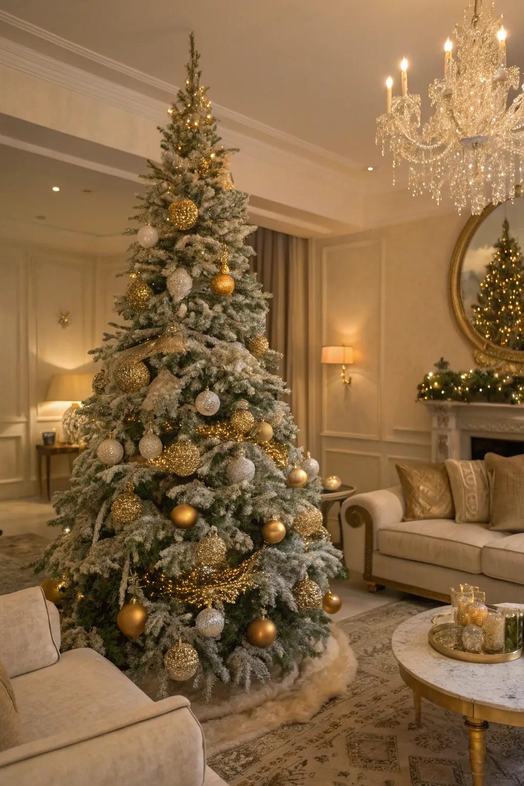 Gold and shimmer bring a glamorous flair to this frosted Christmas tree.