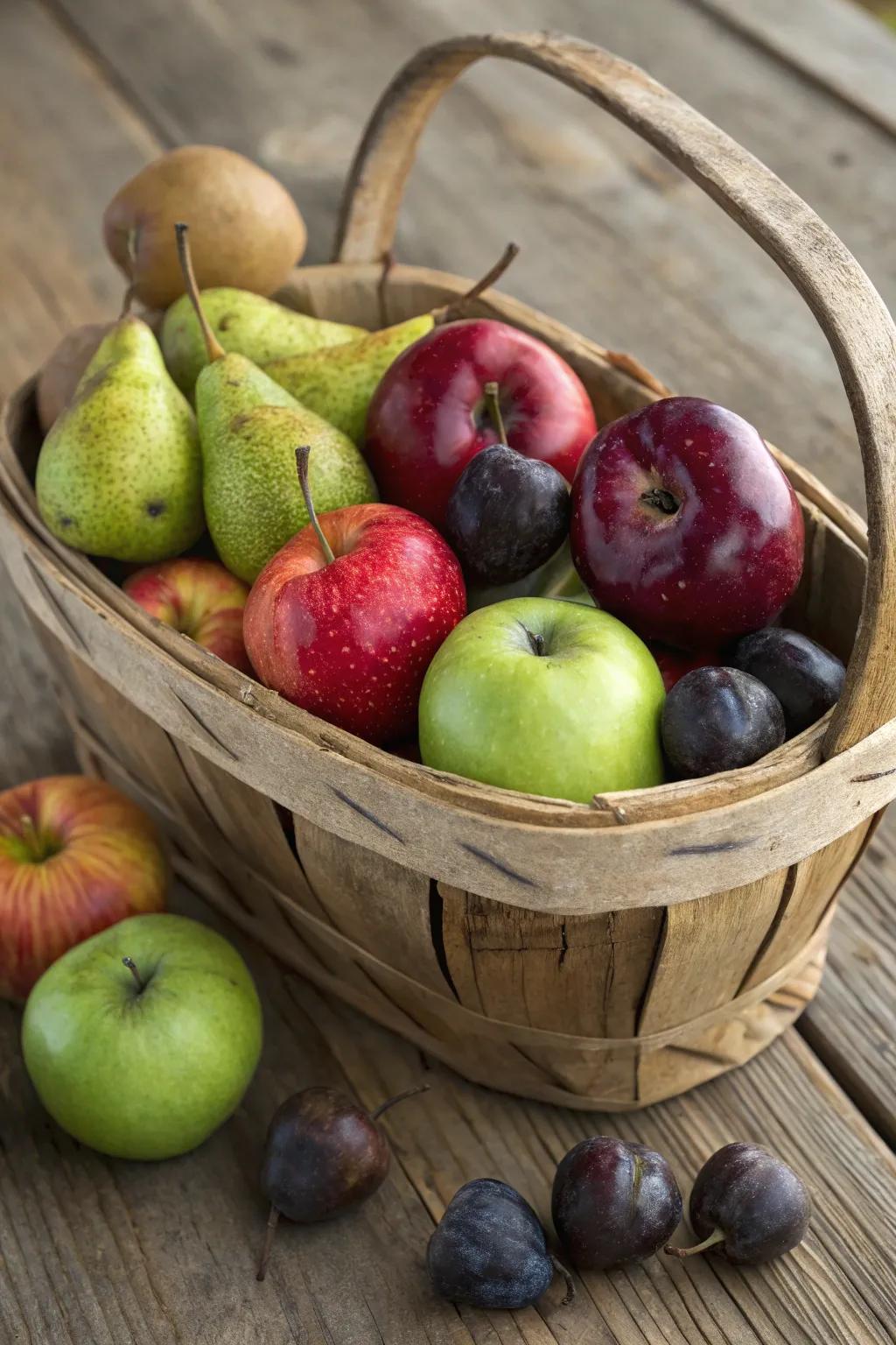 A charming homespun fruit presentation ideal for a comforting home.