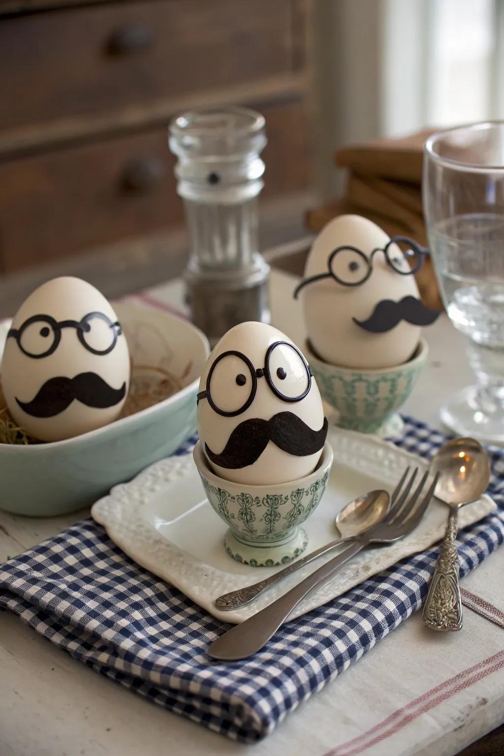 Eggs with a humorous alteration thanks to quirky facial characteristics.